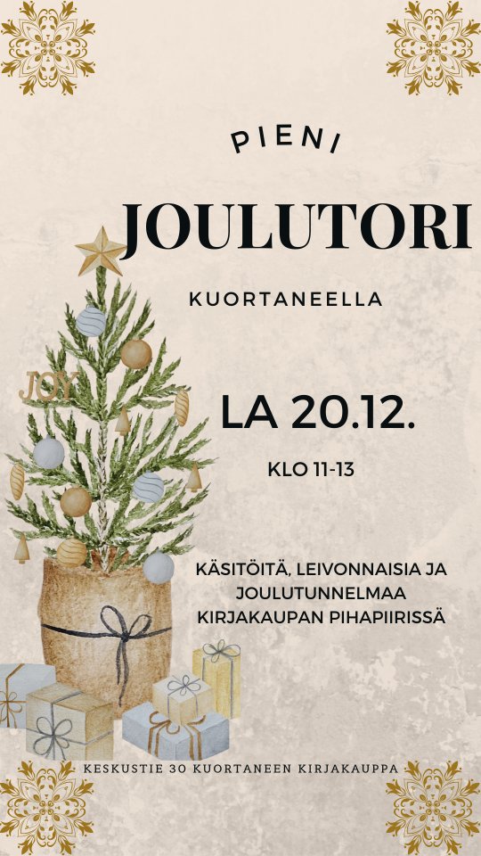 Tervetuloa Pienelle Joulutorille lauantaina 20.12.✨
Pöydät ovat katettuina klo 11-13🎄
Tervetuloa myös Kirjakauppaan, kirjakaupan tonttu palveluksessanne klo 10-14 🤶
#kuortane #kuortaneenkirjakauppa