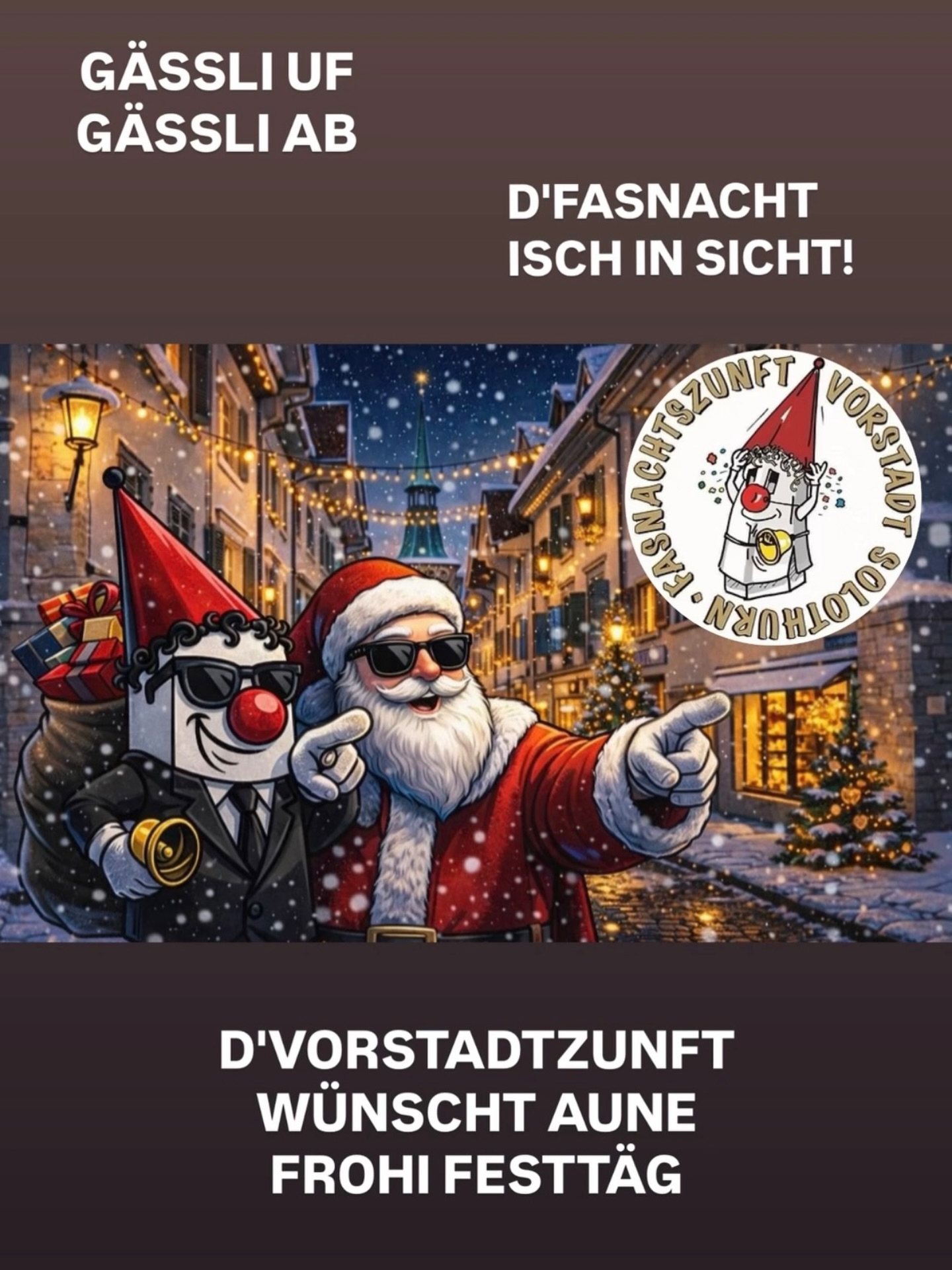Mir möchte üs be aune Mitglieder, Sponsore & Gönner für euche Isatz und d'Ungerstützig im 2025 bedanke. Mir freue üs ufene grossartigi Fasnacht 2026 und wünsche aune frohi Festtäg 🎄Närrischi Grüess - Dr Vorstand