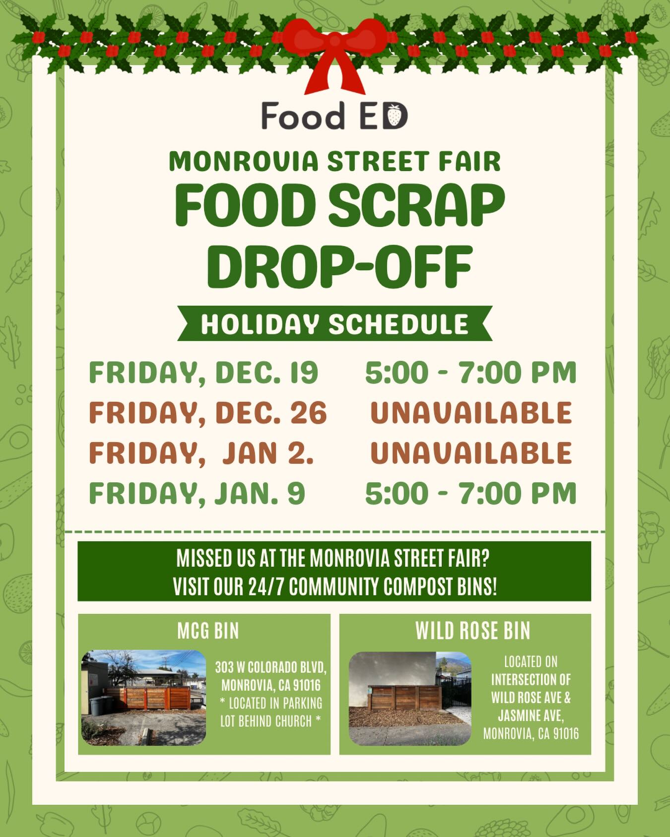 Holiday plans? Don’t forget your scraps ♻️🎄
Our food scrap pickup in partnership with @lacompost will continue through December and January at @monroviastreetfairmarket!
Can’t wait to see you there!