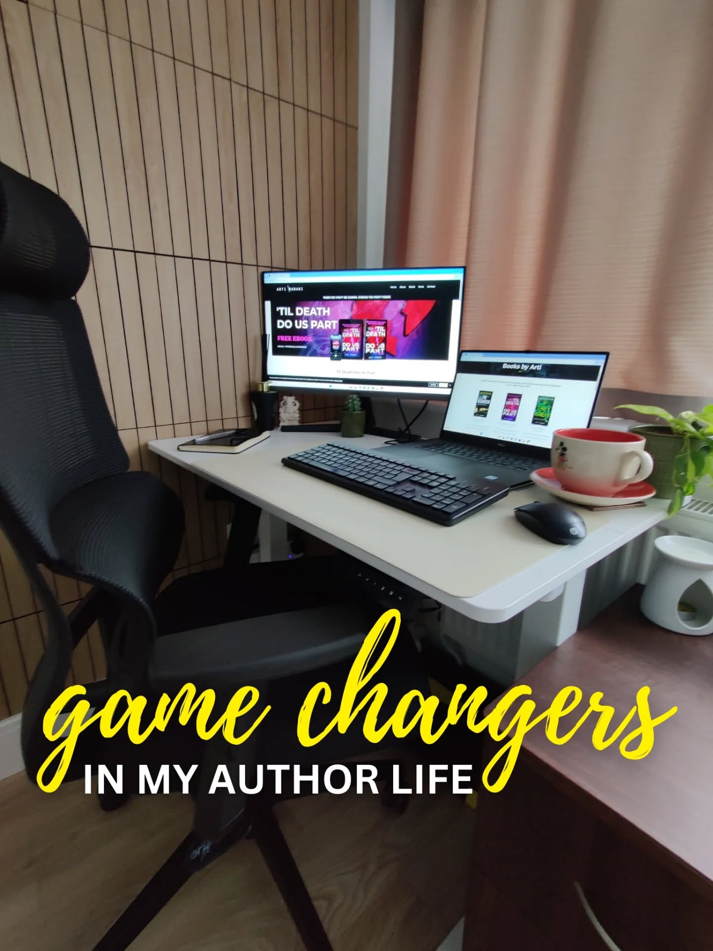 These are the things that made writing easier, calmer, and more sustainable for me:
🔉Ear plugs
I’m extremely sensitive to sound. Small noises trigger irrational rage, loud ones make me jump. Over time, I realised good music is the only thing I'm ok with, but when it comes to writing, I need full silence. These ear plugs were recommended by another author and are my latest purchase. They've helped me focus and keep calm.
🖥️ Second screen
Editing without one now feels impossible. Being able to cross-reference notes, feedback, and drafts at the same time has made revisions faster and far less frustrating. I can't believe I wrote my first two books on a tiny laptop alone. Bonus: It helps with posture
🤓 Laser eye surgery
Getting rid of my glasses also meant getting rid of glare - that alone was life-changing. I have fewer migraines after long stretches on a screen, less eye strain, and day-to-day life just feels easier. It's been about 2 years, and probably the decision that had the greatest impact.
🪑Ergonomic chair
I work from home full time and write in my spare hours, so this one isn’t optional. If a chair messes up your back, it messes up your writing, and most likely everything else. Comfort = longevity. So important.
👩💻 Standing desk
Same logic as the chair. Being able to switch between sitting and standing keeps my body happier, which means I can actually stay at my desk longer without paying for it later.
☕ Giant sized mug
This mug that's probably bigger than my head isn't for aesthetics, but purely to function. It means fewer refills, consistent caffeine, less breaking focus.
🖤 Boundaries
It's not a product, but a rule: I don’t force productivity in chaotic environments anymore. I set boundaries, no longer let others dictate and I continue to protect my peace. Even if saying no sometimes makes me a b1tch. doing whatever I can to live a drama free, silent life is part of my process now. And my lifestyle.
⏰Time blocking for writing
Protecting writing time has been just as important as protecting my mind and body. Short, intentional sessions have proven to beat the “I’ll write tomorrow” bull. Every day, I make time to do something book related.