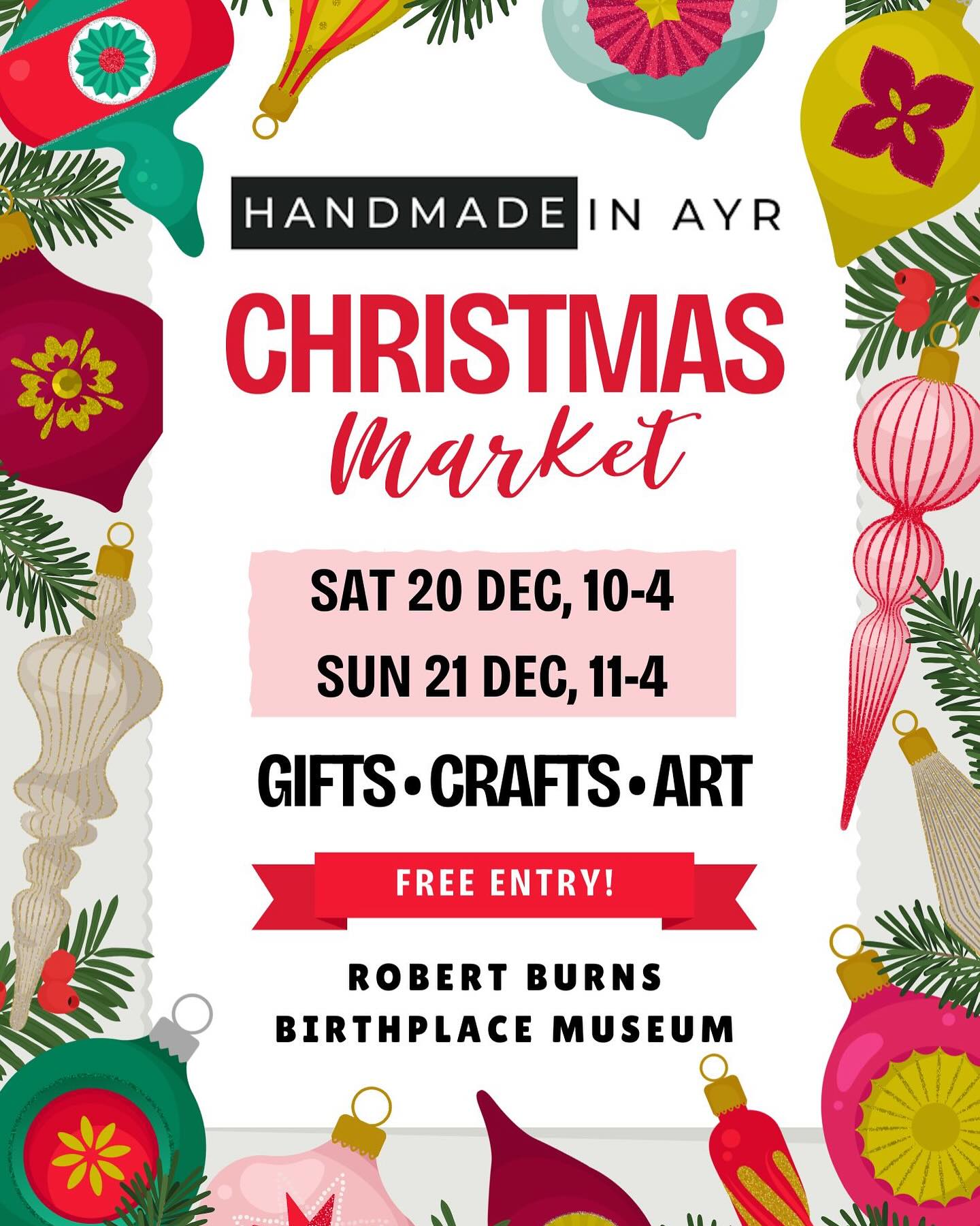 Looking forward to my last event of 2025 - Handmade in Ayr at @robertburnsnts in Alloway 🎁🎄🎁 As a thank you for the support you, my lovely customers have given me, I am giving away a free gift with all purchases from me this weekend! I’m there both days along with a fab variety of makers and artists. See you there Sat 10-4 & Sun 11-4. @whatsonayrshire @nationaltrustforscotland #handmadeayr #handmade #handmadeinayr #ayrshire #southayrshire #alloway #prestwick #troon #robertburnsbirthplacemuseum #nationaltrustforscotland #scotland #shopscotland #leonastewartglass #christmasmarket #christmas
