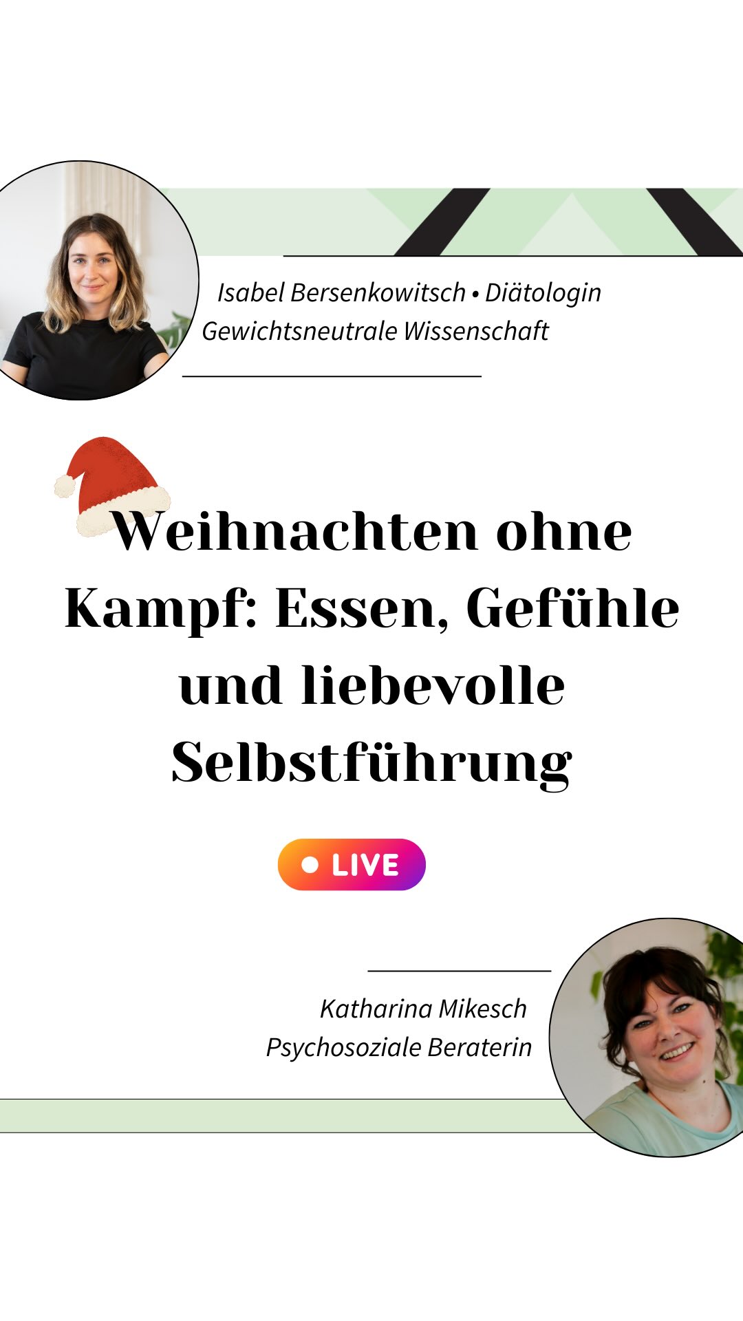 Weihnachten ohne Kampf: Essen, Gefühle und liebevolle Selbstführung mit @katharinamikesch
Wenn deine Familie ein großer Triggerpunkt ist, wenn du mehr emotional isst und über die Sättigung isst und dich danach verurteilst, dann ist dieses Live für dich <3
#weihnachten #weihnachtsessen #psychosozialeberatung
