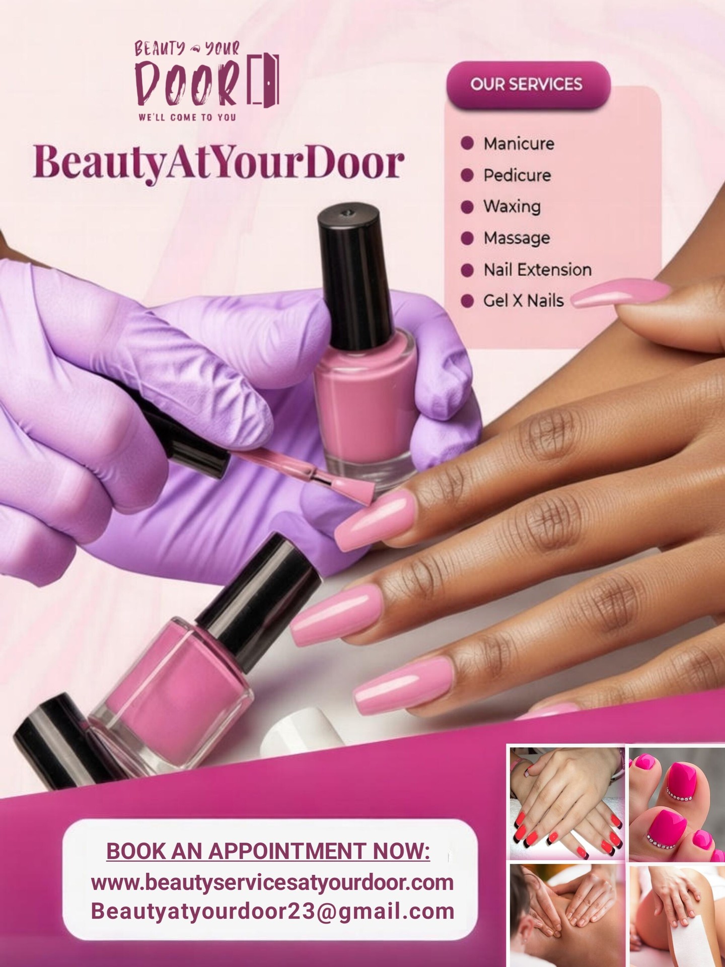 Your nails deserve professional care 😘 without the stress 💖
We come to you with clean tools, quality products & flawless results.
💬 DM or book now
Comfort meets beauty
#BookNow #MobileSpa #NailsAtHome #BeautyOnTheGo #NailTech #WaxingService #MassageService #BeautyBusiness #SoftGlam #NailInspo #FreshNails