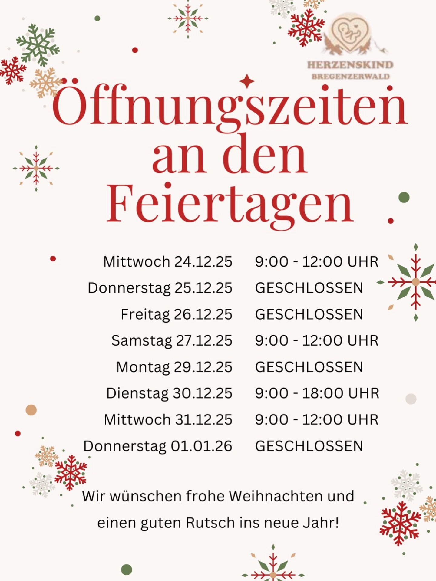 Unsere Öffnungszeiten an den Feiertagen🎄
Wir freuen uns auf euch!🤍
#herzenskindbregenzerwald #feiertage #öffnungszeiten #weihnachten #silvester