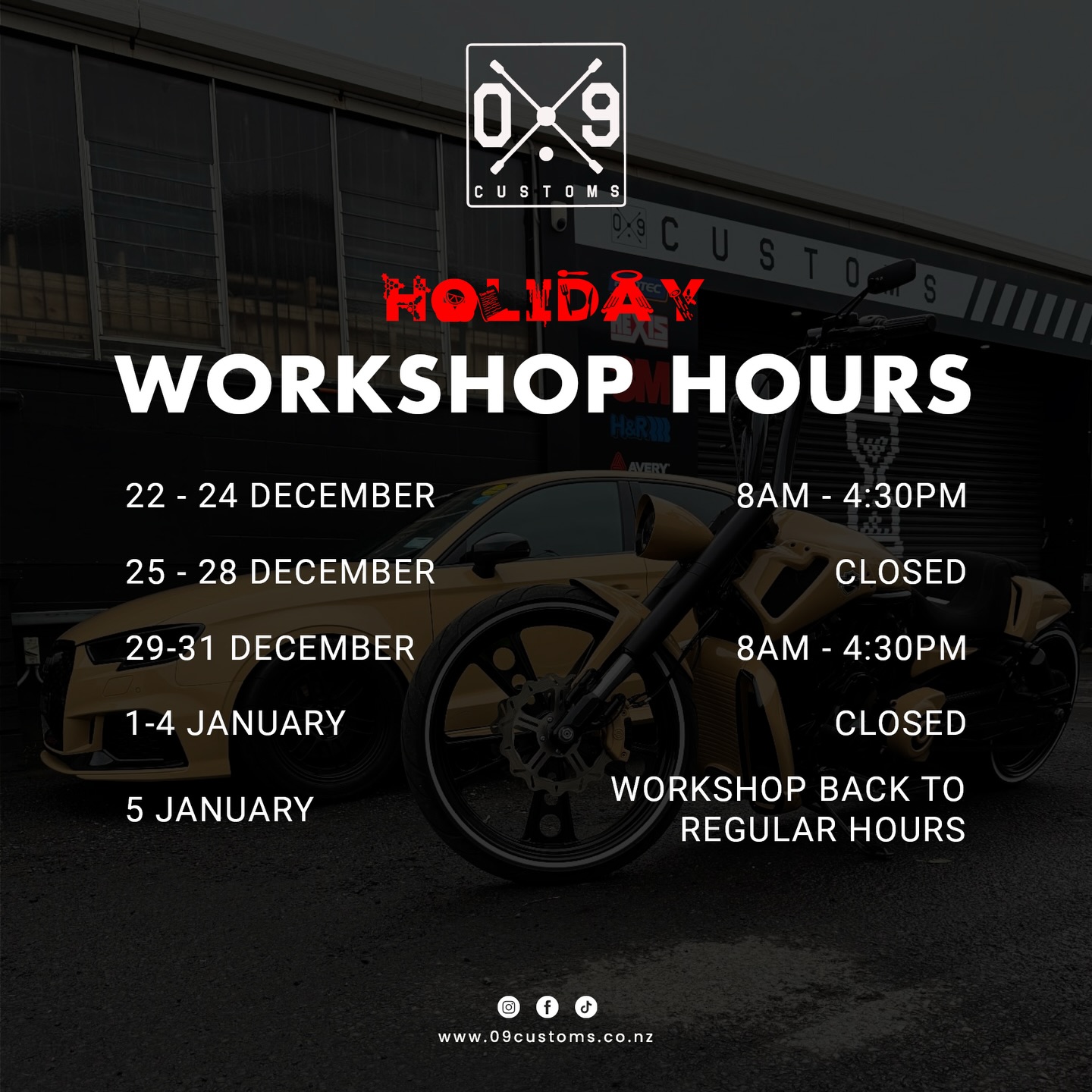 No rest for the wicked. Check out our operating hours throughout the Christmas Holiday Season. Both our Workshop and Tint Shop will be open for limited bookings which are filling up fast. If we don’t catch you throughout the break we’ll see you back here in the New Year from the 5th Jan.