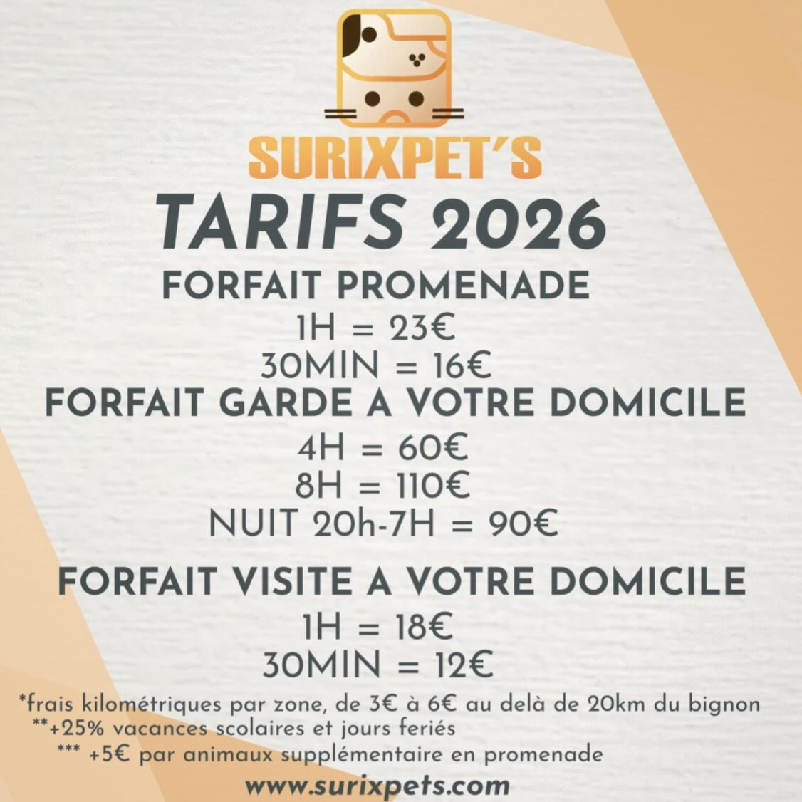 🐾 Nouvelle grille tarifaire 2026 🐾
Toutes les prestations peuvent être réservées directement en ligne 🖥️
Merci pour votre confiance
à bientôt 🐾🐰🐶🐱
______
Www.surixpets.com
#petsitting #garde #promenade
