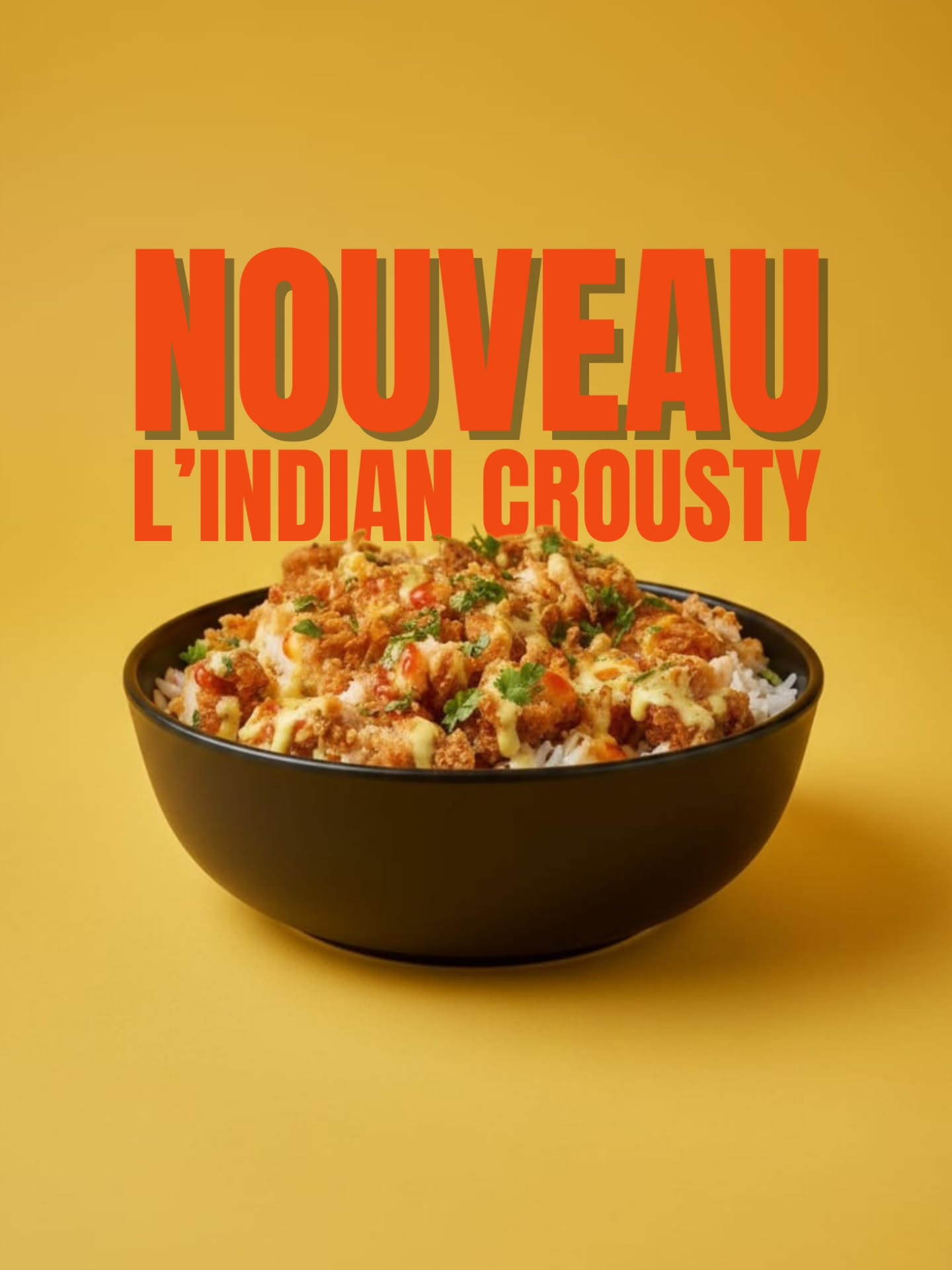 C'est nouveau !
C'est dispo dès aujourd'hui.
C'est l' Indian Crousty 💛
Du riz basmati parfumé
Du poulet pané ultra croustillant
Nappé d'un trio de sauces qui fait voyager : sweet, blanche & curry
Croustillant dehors, fondant dedans, épicé juste comme il faut. Tu vas adorer !
Disponible dès aujourd’hui dans ton Bhaiya shop !
Bhaiyappétit !