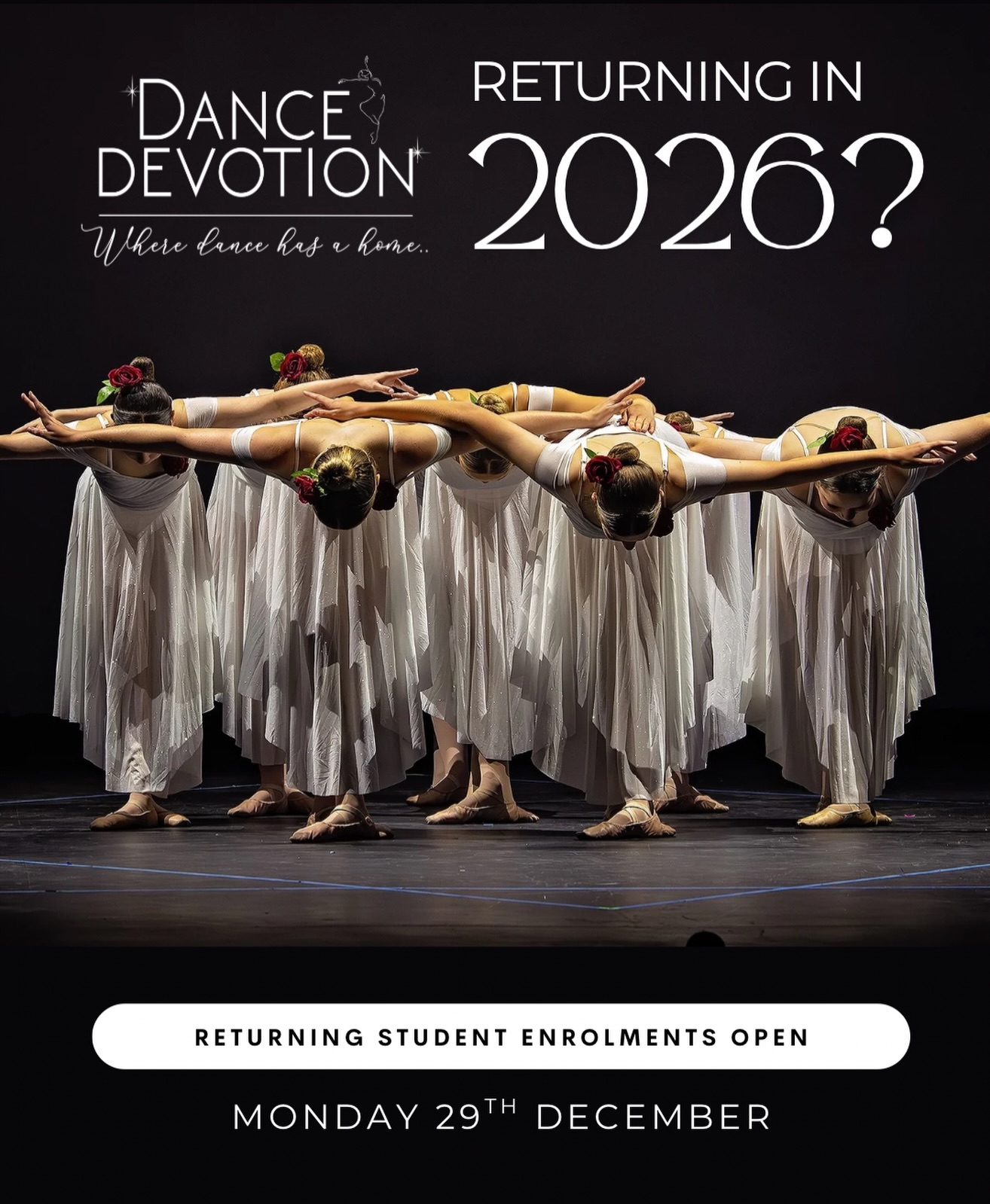 2026 is coming!
Returning student enrolments open Monday 29th December.
All enrolment information will be sent to current families shortly after Christmas, so keep an eye on your inbox.
✨ New student enrolments will open in early January.
Our 2026 timetable and Enrolment Packs will be released next week, giving families time to explore classes and plan ahead.
We can’t wait to share what’s in store for 2026 💫