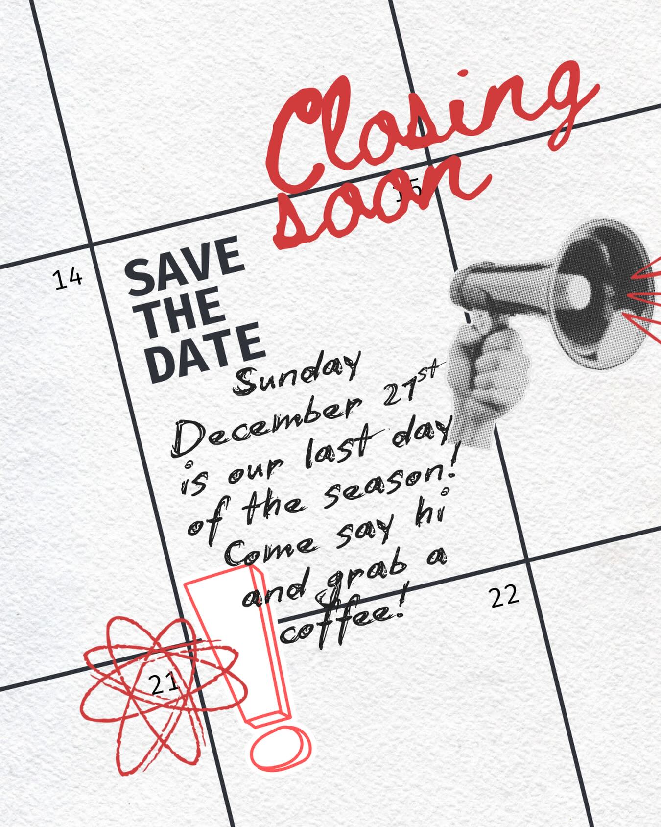 Hey y’all we are closing December 21st for a winter break!
Come say hi and get any last min gifts and lattes!