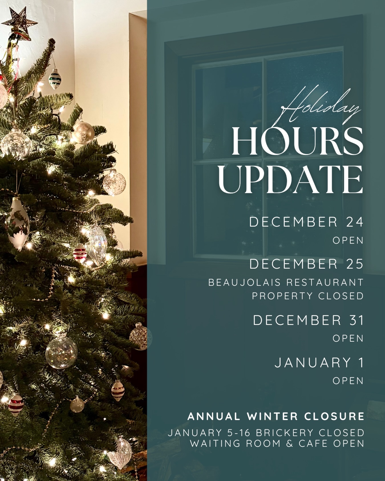 Holiday hours + a little winter pause 🌧️
The season is here, and so are a few schedule shifts, including our annual winter break for The Brickery (January 5-16) so the ovens (and our team) can rest.
✨ In the meantime, we’ll be here to celebrate the moments in between ~ from cozy holiday meals to ringing in the new year.
Reserve your table through the link in our bio, we’d love to host you. 🍽️