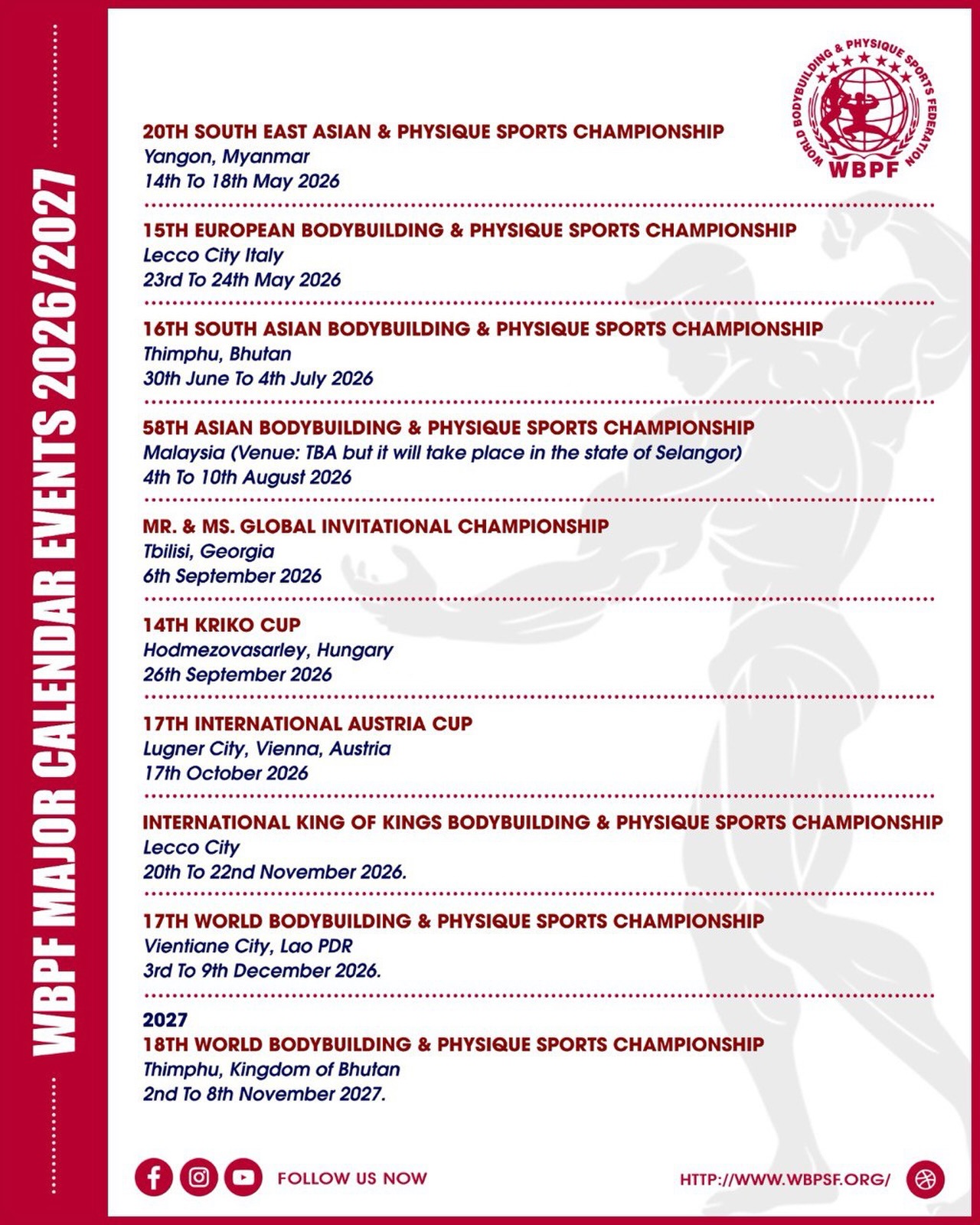 The WBPF International Calendar brings together the most prestigious events on the global bodybuilding and fitness stage. 🌍🏆
A journey across continents where passion, excellence, and athletic performance meet, showcasing the highest standards of competition worldwide.
From national qualifiers to major international championships, each event represents an opportunity to compete, grow, and be part of a truly global federation.
One calendar. One vision. One international stage. 💪✨