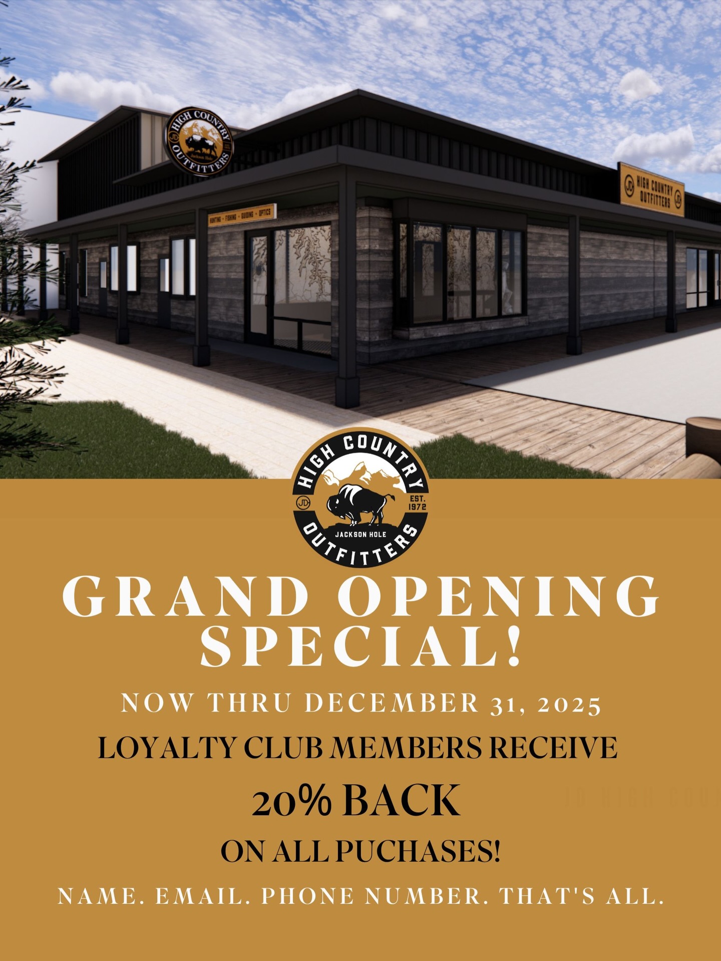 Grand opening season is here 🤠 To celebrate, loyalty club members receive 20% BACK ON ALL PURCHASES now through December 31, 2025.
Not a member yet? It’s easy: name, email, phone number, that’s it.
Stop by High Country Outfitters and get rewarded for gearing up.