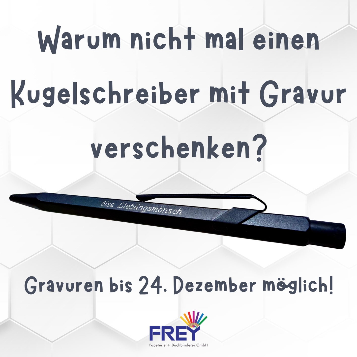 Wir haben richtig viele, schöne Kugelschreiber in verschiedenen Farben und Formen. Und weisst du was? Wir können sie mit einer Gravur sogar personalisieren😎 Das beste: Es reicht auch noch sehr kurz vor Weihnachten, da wir die Gravur selber machen😊 Überzeugt? Dann ab in die Papeterie 🎅🎄
#freypapeterie #dagmersellen #carandache #gravur