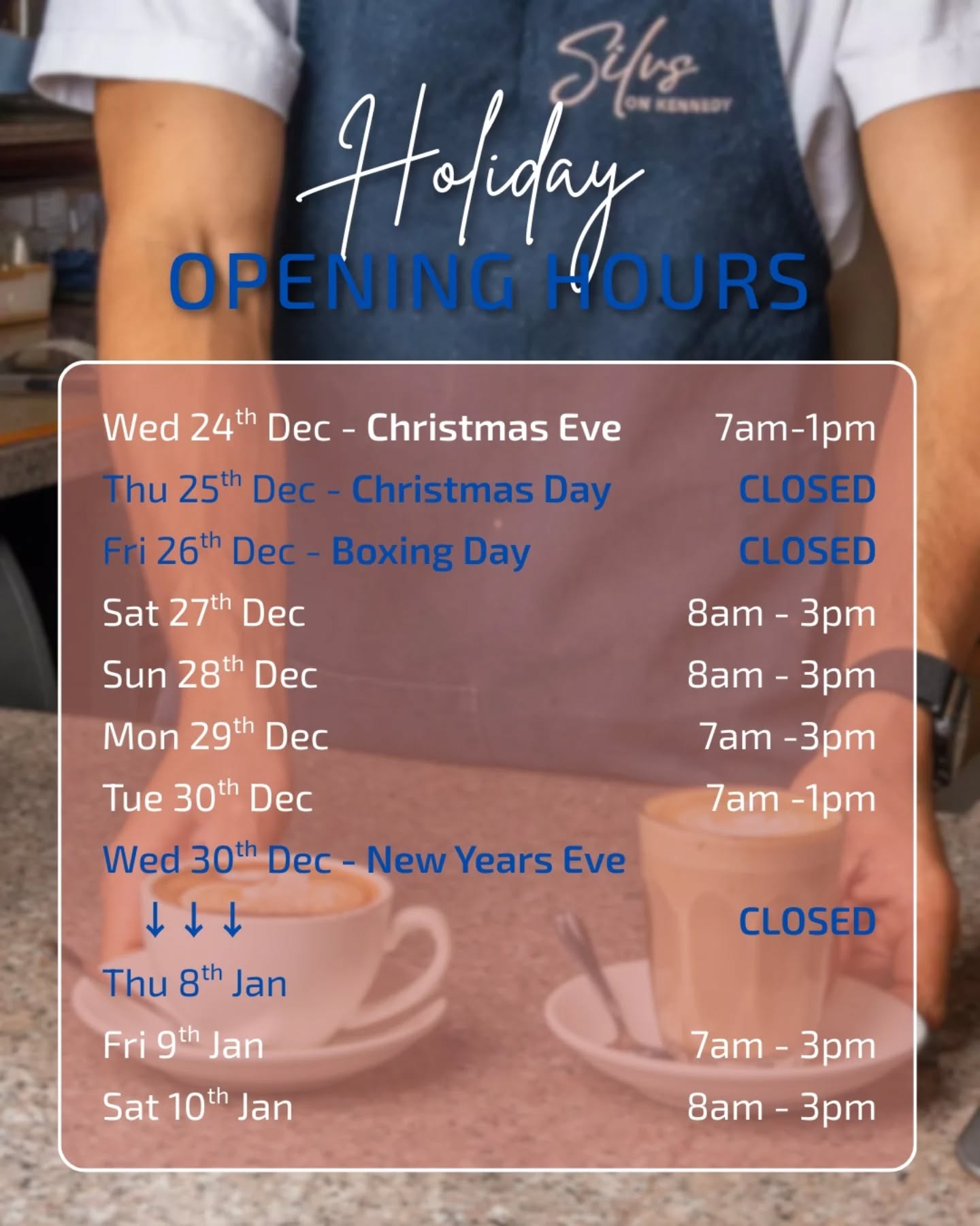 Take a look at our opening hours for the Christmas-New Year period.
Wed 24/12 (Xmas Eve) - 7am-1pm
Thu 25/12 (Xmas Day) - Closed
Fri 26/12 (Boxing Day) - Closed
Sat 27/12 - 8am-3pm
Sun 28/12 - 8qm-3pm
Mon 29/12 - 7am-3pm
Tue 30/12 - 7am-1pm
Wed 31/12 ➡️ Thu 8/1 - Closed
Fri 9/1 - 7am-3pm
Sat 10/1 - 8am-3pm
Thank you so much for all your support this year. Have a very merry Christmas & a happy New Year.
- the Silvs on Kennedy team.