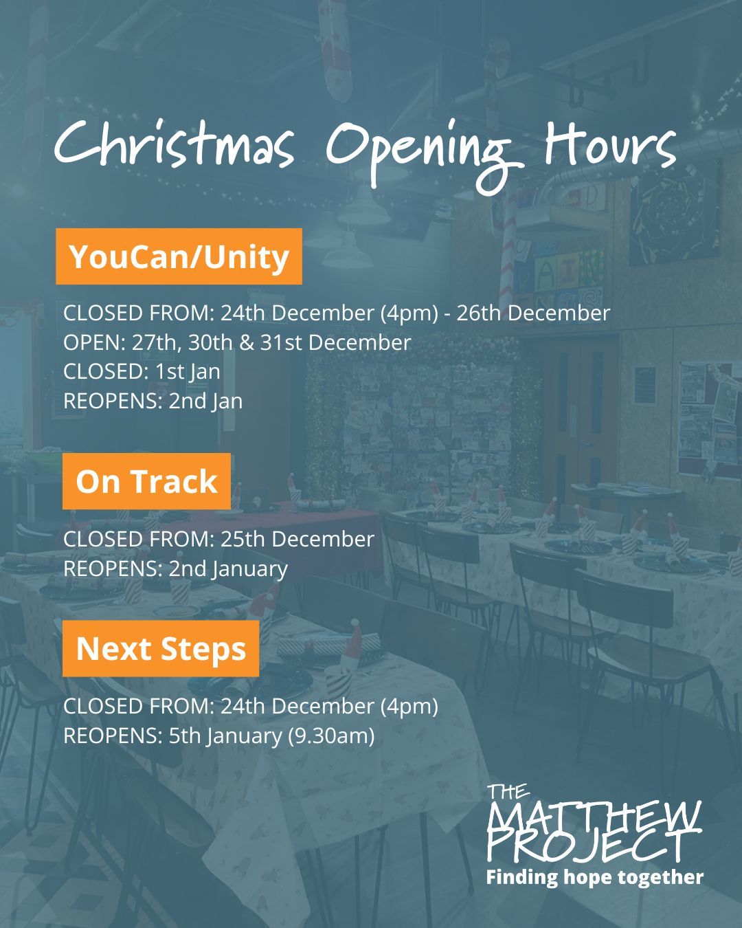 If you need to speak to our YouCan/Unity team over Christmas, whether you’ve got questions or want to know more about our support, our live chat on our website will be running on:
💬 22nd & 23rd December
💬 29th & 30th December
🕐 1–5pm
Click on the link in our BIO to view our website and use the live chat.
Opening hours over Christmas:
🎄✨ YouCan/Unity
CLOSED FROM: 24th December (4pm) - 26th December
OPEN: 27th, 30th & 31st December
CLOSED: 1st Jan
REOPENS: 2nd Jan
🎄✨ On Track
CLOSED FROM: 25th December
REOPENS: 2nd January
🎄✨ Next Steps
CLOSED FROM: 24th December (4pm)
REOPENS: 5th January (9.30am)