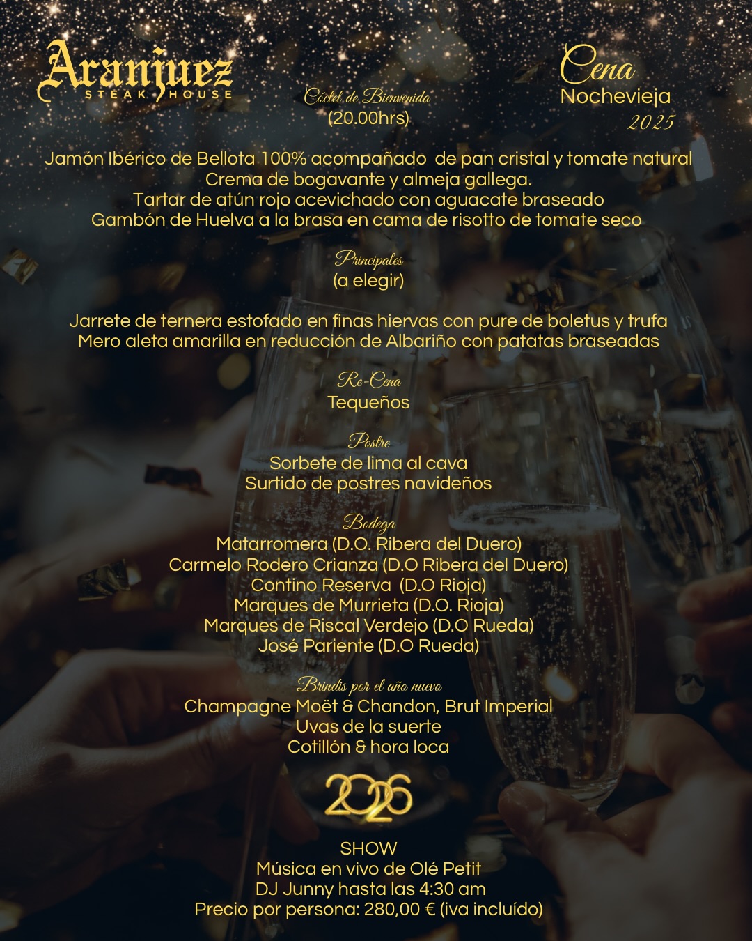No te pierdas nuestra cena y fiesta de Fin de Año 2025 en Aranjuez Steak House✨
Buena comida, música en vivo y celebración hasta el nuevo año.
Reserva tu mesa🍾
.
.
.
#aranjuez #grupoAranjuez #AranjuezSteakHouse #menunochevieja #menufindeaño #madrid #planesmadrid #restaurantesmadrid #restaurantegallego #comerenmadrid #cenarmadrid #bernabeumadrid #carnegallega #restaurantedecarne #restaurantedecarneenmadrid #top10restaurantesmadrid #comidavenezolanamadrid