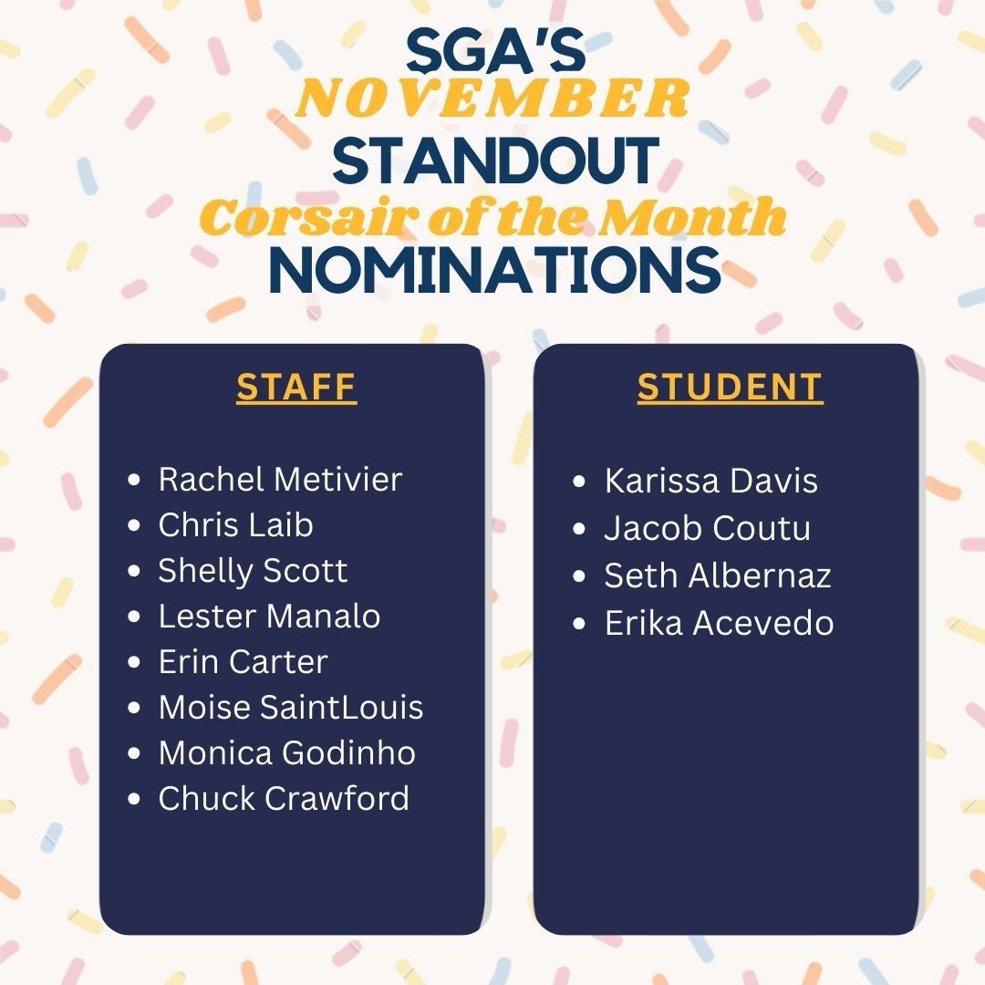 Here are our November Standout Nominees! Our standouts kept November rolling smoothly just in time for Thanksgiving break shenanigans! We are so proud of everyone for working hard this semester! 💛💙