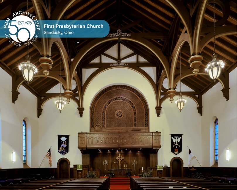 As part of our 50-year story, we’re looking back at the restoration of First Presbyterian Church in Sandusky, Ohio, a National Historic Landmark originally built in 1829.
Following our early work with Sandusky Library, HBM was entrusted with the careful restoration of this historic interior. Through detailed historical research and paint layering analysis, long-lost stencil details and original color palettes were uncovered and thoughtfully brought back to life. Structural, water damage, and cosmetic repairs were completed, with every surface carefully refinished to respect the character of the space.
One of many distinctive elements of this project was the restoration of six large gas fueled plaster cast chandeliers. Each was meticulously repaired and refitted with new lamp systems and lighting controls, allowing the fixtures to provide more light with less energy while subtly highlighting the church’s architectural details. The updated lighting system also introduced flexibility, improved efficiency, and reduced long-term maintenance.
HBM provided full architectural and interior design services for the project, which was recognized by the American Institute of Architects at the 2005 Design Awards for excellence in historic restoration.
#historicrestoration #historicarchitecture #HBM50