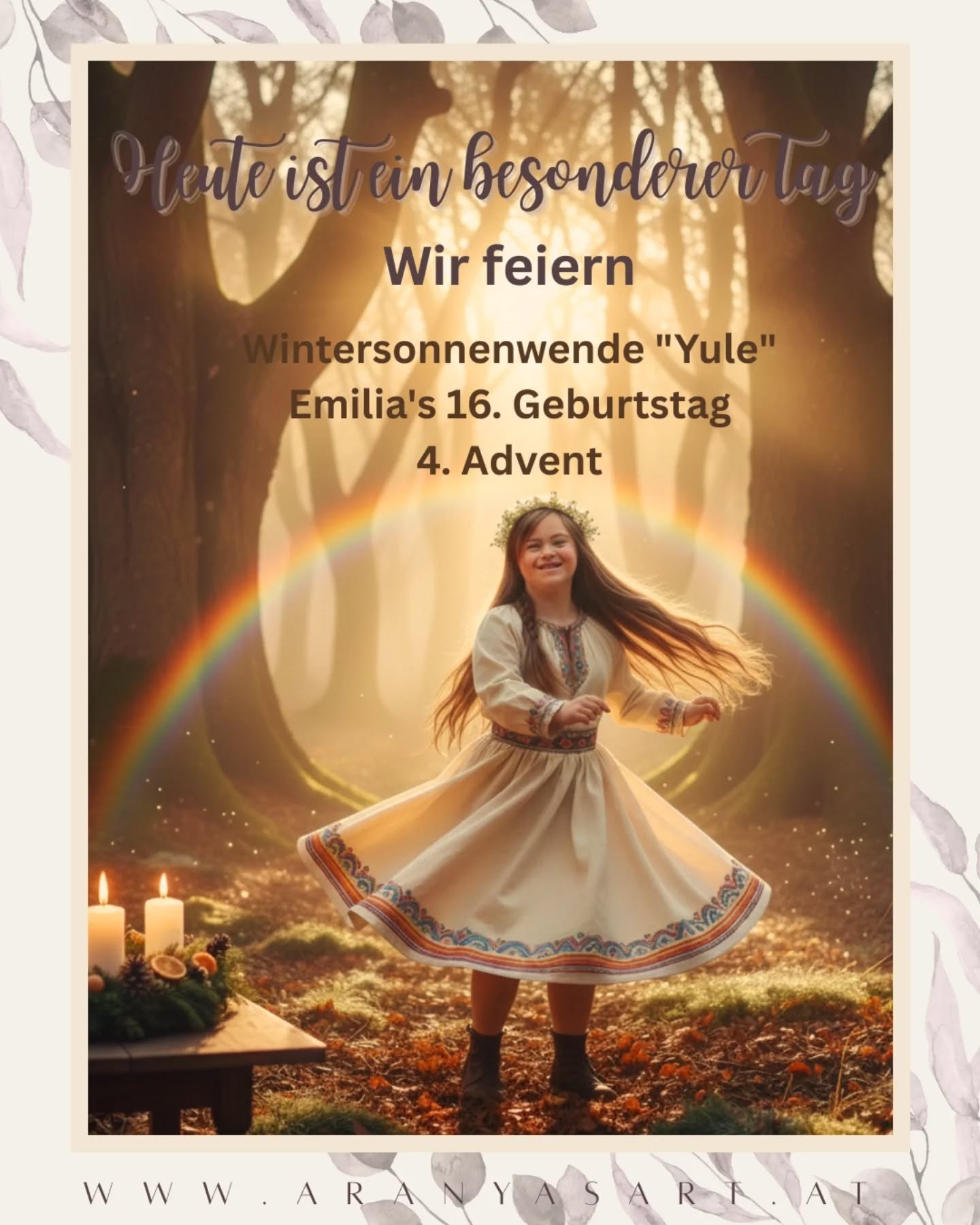 🕯️💖Heute ist ein ganz besonderer Tag 💖🕯️
Während wir den 4. Advent feiern, begeht die Natur die Wintersonnwende – Yule. Für mich ist es ein zutiefst spiritueller Tag, der uns an unseren Ursprung erinnert und daran, dass aus der tiefsten Dunkelheit stets neues Leben und Licht geboren wird.
In genau diesem magischen Moment, in dem die Tage wieder heller werden, feiert mein ganz besonderer Sonnenschein Geburtstag. ☀️
💖🥳Meine Tochter Emilia wird heute 16 Jahre alt. Für mich symbolisiert sie jeden Tag das, was wir heute alle feiern: Die Rückkehr des Lichts. Durch ihr wundervolles Wesen, bringt sie Farben in unsere Welt, die wir vorher nicht kannten. Sie ist mein lebendiger Regenbogen🌈 – eine Brücke zwischen den Wolken und dem strahlenden Licht✨.
Alles Gute zum Geburtstag, meine liebe Emilia. Danke, dass du uns lehrst, die Welt mit dem Herzen zu sehen.💕
Ich wünsche euch allen einen gesegneten Yule-Tag und einen lichtvollen 4. Advent! ✨🌈
#Wintersonnwende #Yule #4Advent #DownSyndrom Regenbogenkind AranyasArt Lichtbringer BesondereKinder Sonnenschein