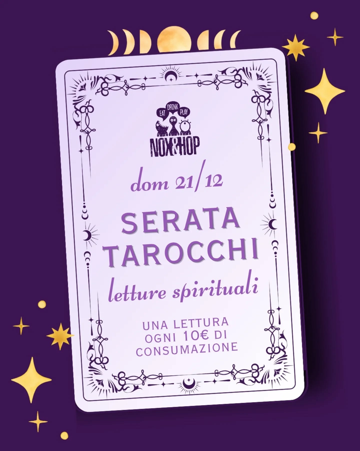 A sorpresa, domani 21 dicembre, in occasione del solstizio d'inverno 🔮 Serata Tarocchi
🖤 a cura di @crime.brule e @fox.ludens
COME FUNZIONA:
Spendi almeno 10€ e, al momento del pagamento, ottieni 1 token valido per una lettura di tarocchi
📣 Le letture durano in media 10-15 minuti ciascuna. Ricorda di non aspettare troppo per ritirare il tuo token, potresti dover fare una lunga fila o non riuscire a scoprire cosa ti riserva il destino (anche i cartomanti a un certo punto vanno a letto)!
Per info e prenotazioni (solo a cena) scrivici qua o su wa 351 6941458
📍Nox&Hop - viale ivo montagni 190 limite sull'arno (FI)