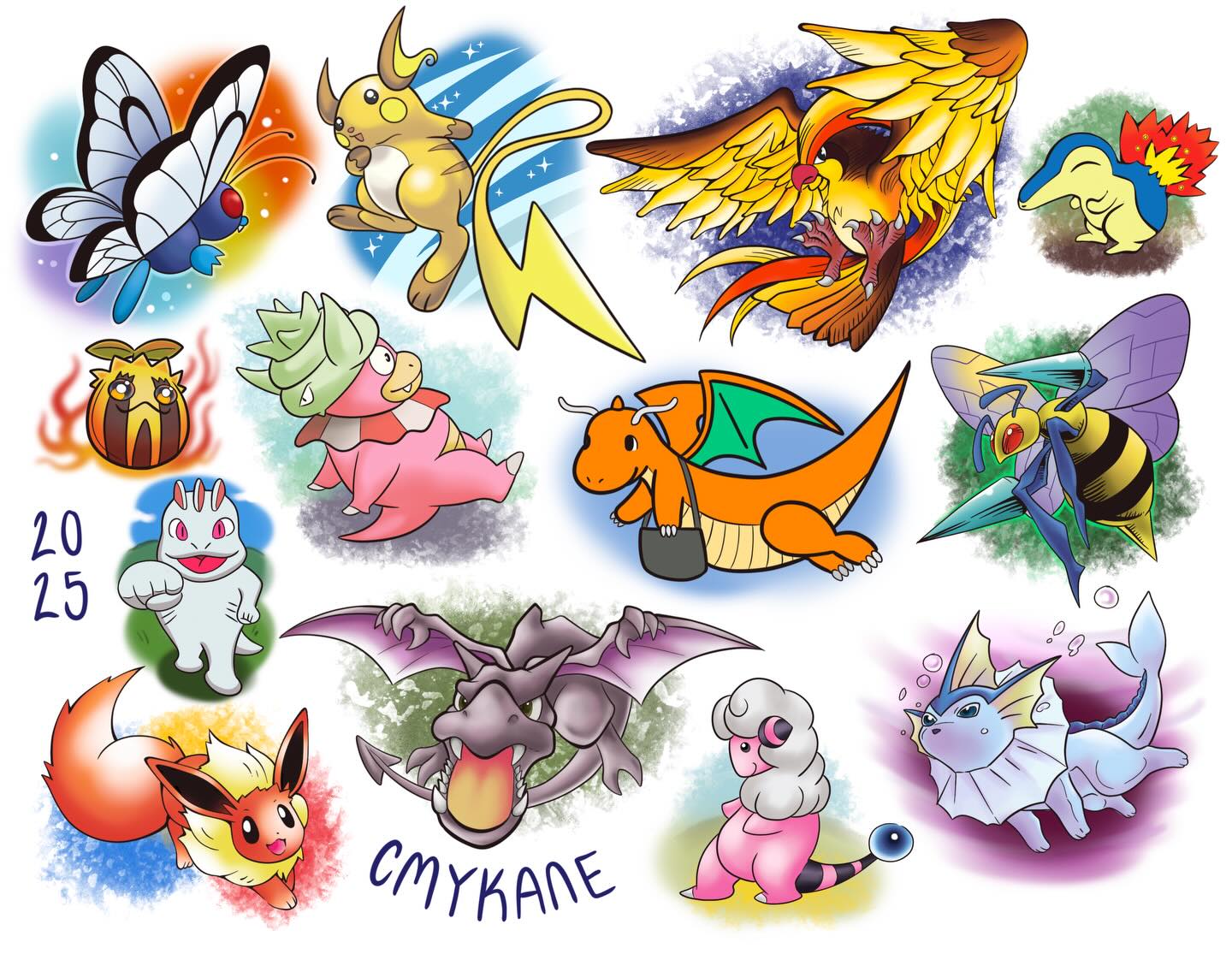 Made a flash sheet inspired by old Pokemon cards that aren’t Sugimori! (Only because those designs deserve their own page 😉) I would love to give a great deal on these if you’d like to get them in color~ The simpler ones can be done little, but the Pigeot would need to be closer to hand sized. Who wants to catch em all? 😜 #tattoo #tattooflash #pokemon #pokemontattoo #pokemontcg #anime #animetattoo #illustration #queertattooartist