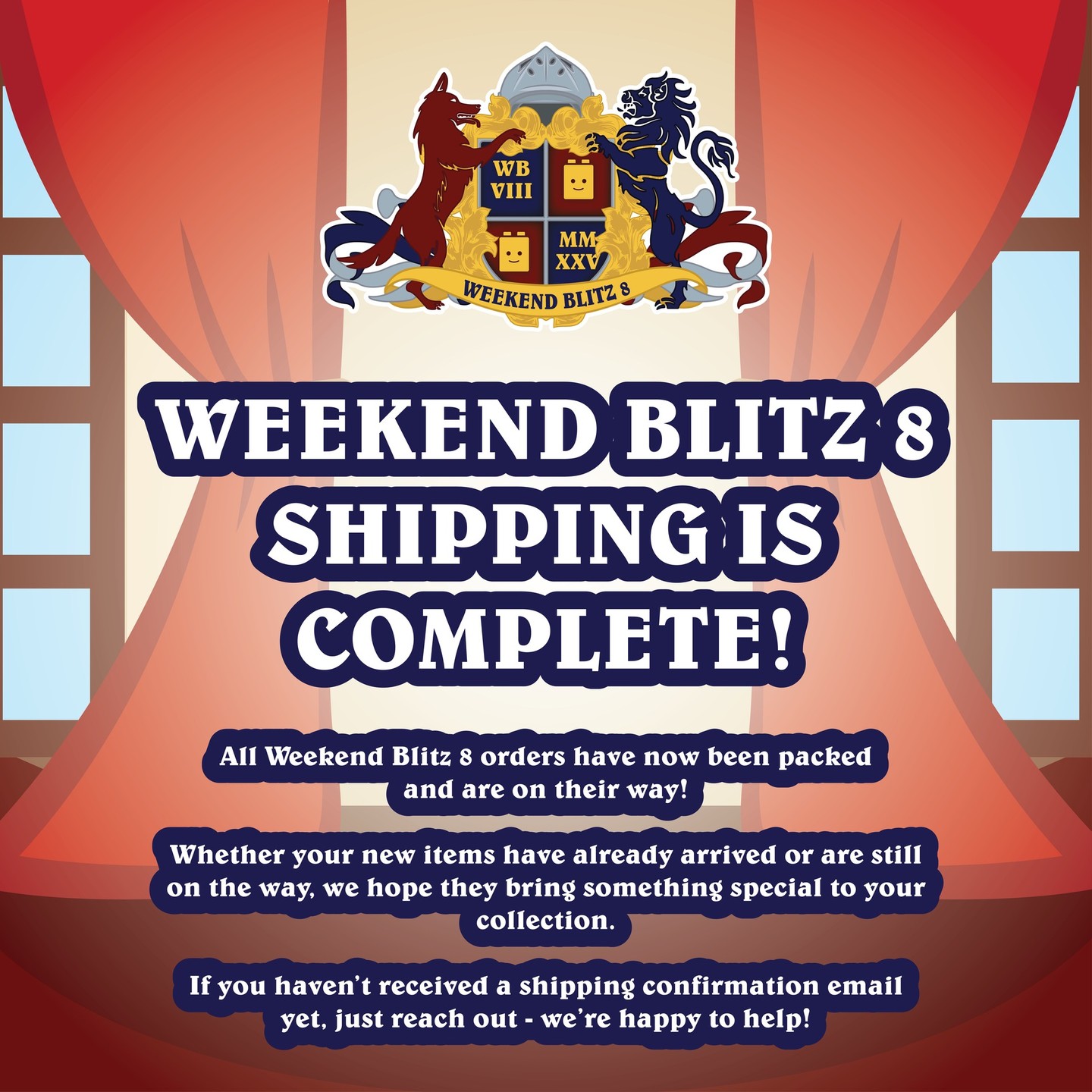 📰 ALL WEEKEND BLITZ 8 ORDERS HAVE SHIPPED! 📰
We are pleased to announce that ALL Weekend Blitz 8 related orders have now been packed and shipped out! If you placed an order during Weekend Blitz 8, you should have received an email confirming when your order had been shipped from UB HQ.
Whether you've already received your WB8 products or if they are still on their way to you, we hope you enjoy the new additions to your growing collections!
If you have not yet received an email at all confirming your WB8 order has been shipped, feel free to get in touch and our team will be happy to assist you.
-
#UnitedBricks #WeekendBlitz8 #WeekendBlitzVIII #WeekendBlitz #Minifigures #CustomMinifigures #MilitaryMinifigures #History #AFOL #ThankYou