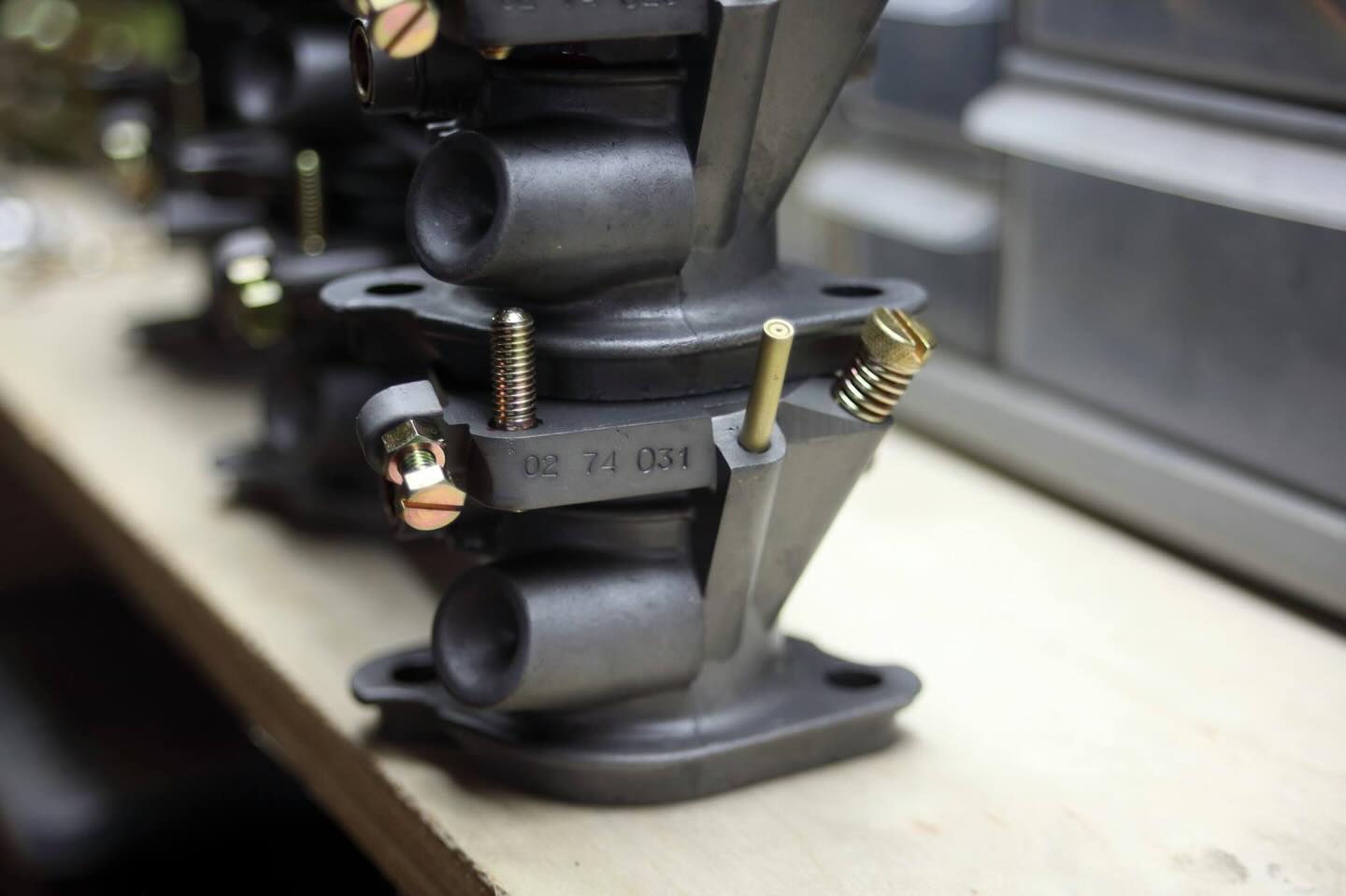 Excellent detail of a set of Uber rare 1974 Euro Carrera throttle bodies we restored. Notice the date stamp on the throttle bodies, as these were only installed on 911/83’s after 1973. 74 was the last batch made for the remaining production runs.