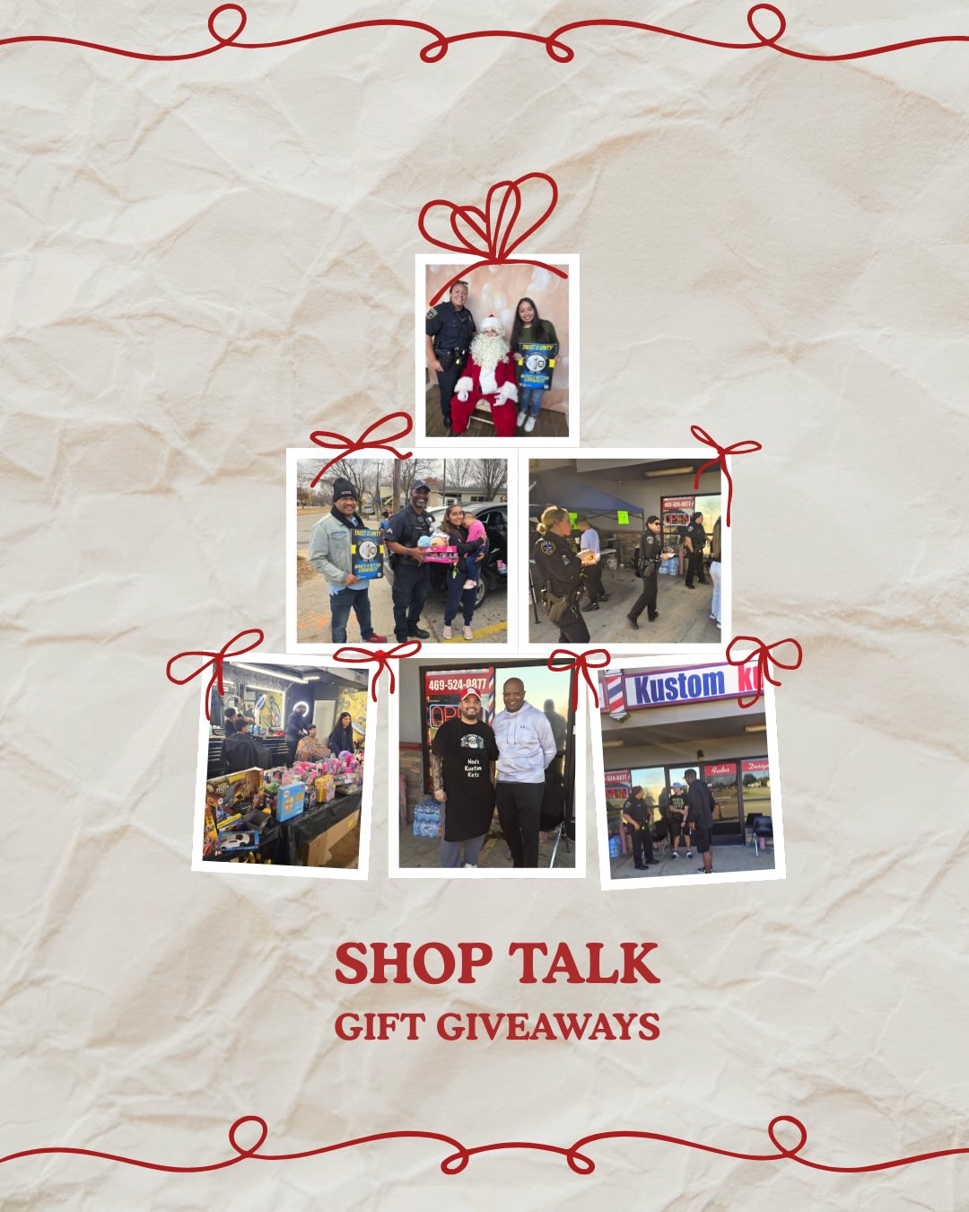 Two barbershops. Two cities. One mission. 🎁✂️
From Noe’s Kustom Kutz in Irving to DTX Barbershop in Dallas, Shop Talk continues to bring law enforcement and the community together through consistent, meaningful engagement.
This Christmas, both shops partnered with local police departments to give families free haircuts, toys, and a welcoming space filled with support. We even saw a former youth from DTX’s outreach days return to help give back — a full-circle moment that shows what long-term partnership can build.
As Noe said best: “I want law enforcement at my events, and I appreciate Shop Talk for opening the door to the city.”
These are the relationships that create trust, unity, and a stronger community — not just during the holidays, but all year long