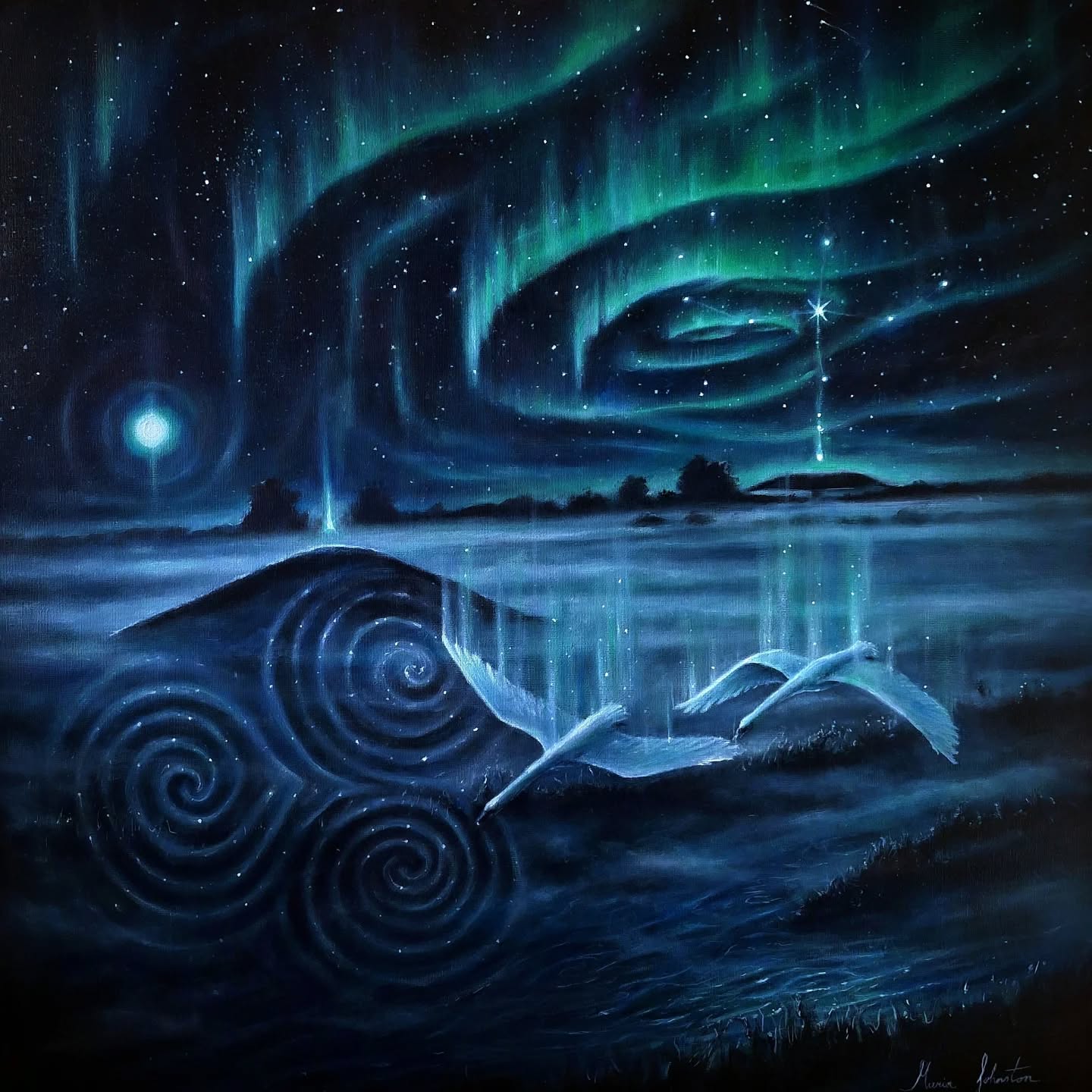 Blessings of winter solstice to all! I absolutely love this time of year. There is a pristine quality to the light, scarce as it is, the sun's penetrative rays are reminders of how to appreciate the very simple things at this time of year. The simple things are actually the most important and most vital when the light is so scarce.
This painting was completed for the Winter Solstice last year and depicts the myth Oengus and Caer as swans as they fly over the Boyne Valley at the eve of the winter solstice. The contellation of Cygnus rises in the sky over newgrange that mirrors the swans.
Being up for the sunrise at Brú na Boinne is honestly my favourite place to be at the winter solstice. The energy of the pristine elements, natural and mystical beauty that surround that whole area, ignites a rememberence both deep, familiar, and ancient.
And so my simple wish here is for that deepening of remembrance for us all. May we celebrate this time through simplicity over extravagance. May we look to the simple glow of the moon, the stars, the flame, and the light of the sun over the distractive lights of this time of year. And my we incrementally rise in that light that increases day by day from here.
'Eitlilt na Leannán Eala' (Flight of the Swan Lovers)
❄️✨️Prints are still available on my site at 21% off with code 'WINTER21' only today December 21st! ✨️❄️
Mariajohnstonartist.com (link in my bio)
#brunaboinne #boynevalley #wintersolstice