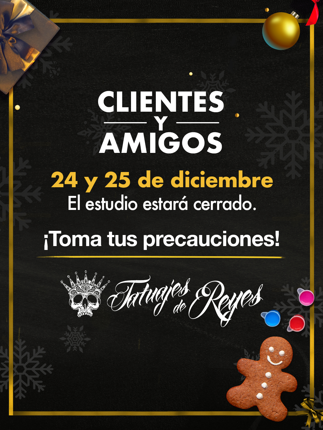 ✨ Clientes y amigos 🙌
Queremos informarles que los días 24 y 25 de diciembre el estudio estará cerrado.
🖤 Toma tus precauciones 🎁
#Tattoo #Tatuaje #Mexico #Guadalajara #ReyesTattoo #TatuajesdeReyes #ReyesTattooSupply #TattooSupplies #TattooSupply #MaterialParaTatuar #EquipoparaTatuar