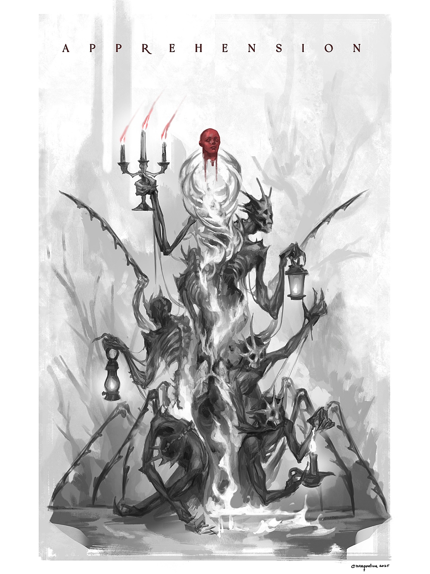 ✑ An eldrich being called Apprehension .
This started off as some vent art but working on it at #animefrontier2025 showed me how much people resonated with it. So I’m really driven to do more of these!
✦
He feels like holding my breath and running out of air as it burns through. It’s not the kind of burning that consumes me as much as it crawls underneath my skin and makes my bones creak.
It is a kind of waiting where I am unsure sometimes of what I’m exactly waiting for - something to hold onto, something to find, a time that is not this - or maybe I’m just waiting for the flames to run out of air and die on their own.
Maybe then, I’ll find solace. But it doesn’t. So, to feel in control, I’ll deprive it of oxygen myself…
But at what point do I notice how valuable the warmth of the flames truly is? It burns only because it is too bright for my sore eyes, and if I just sit with it for a moment, I’ll see how much I actually find it beautiful.
Harnessing that flame as my guide, perhaps, I’ll become the lantern to light my own way, where ever I happen to go in this waiting.
✦
#fantasyartist #monsterart #conceptartwork #darkart #darkfantasy #darksoulsmemes