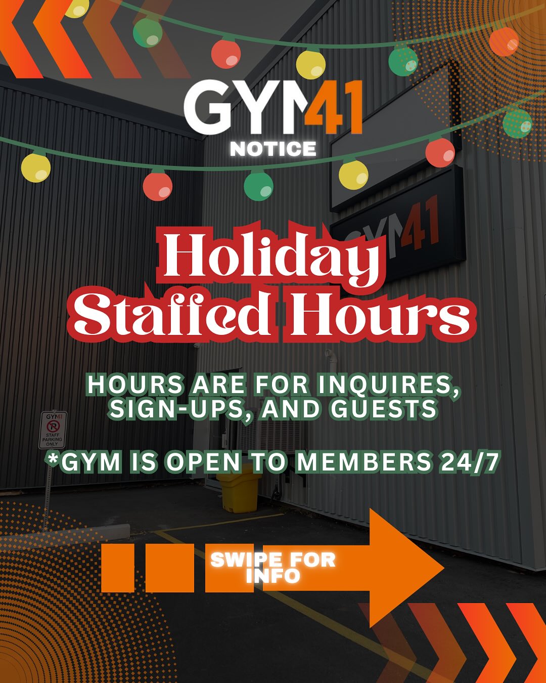 🎄Wishing you all a very happy holiday season from Gym 41!🎄
Please check out our updated holiday hours if you are planning on dropping in for a day pass, bringing a guest, or looking to sign up.
We are, however, open to members 24/7 with key fob access. Come on in for any last minute 2025 PRs or to burn off all those holiday calories! 🏋️🏃
Thank you all for your continued support over this past year 🧡. We have lots of exciting things coming up, so stay tuned!