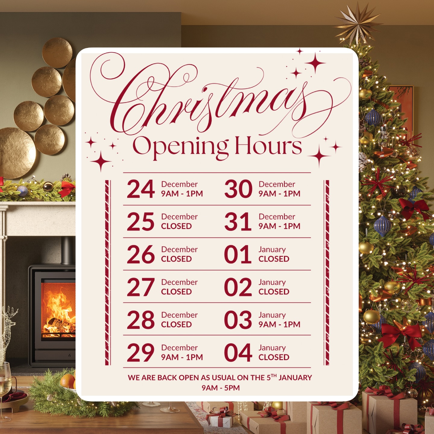 🎄🎁 CHRISTMAS OPENING HOURS 🎁🎄
A heartfelt “thank you” to every lovely customer we had the pleasure of working for this year. We look forward to the exciting projects 2026 will bring!
CHRISTMAS EVE - OPEN UNTIL 1PM
25TH - 28TH DECEMBER - CLOSED
29TH DECEMBER - OPEN UNTIL 1PM
30TH DECEMBER - OPEN UNTIL 1PM
NEW YEARS EVE - OPEN UNTIL 1PM
NEW YEARS DAY - CLOSED
3RD JANUARY - OPEN UNTIL 1PM
- 5TH JANUARY 2026 BACK OPEN -
Merry Christmas from our family to yours ❤️