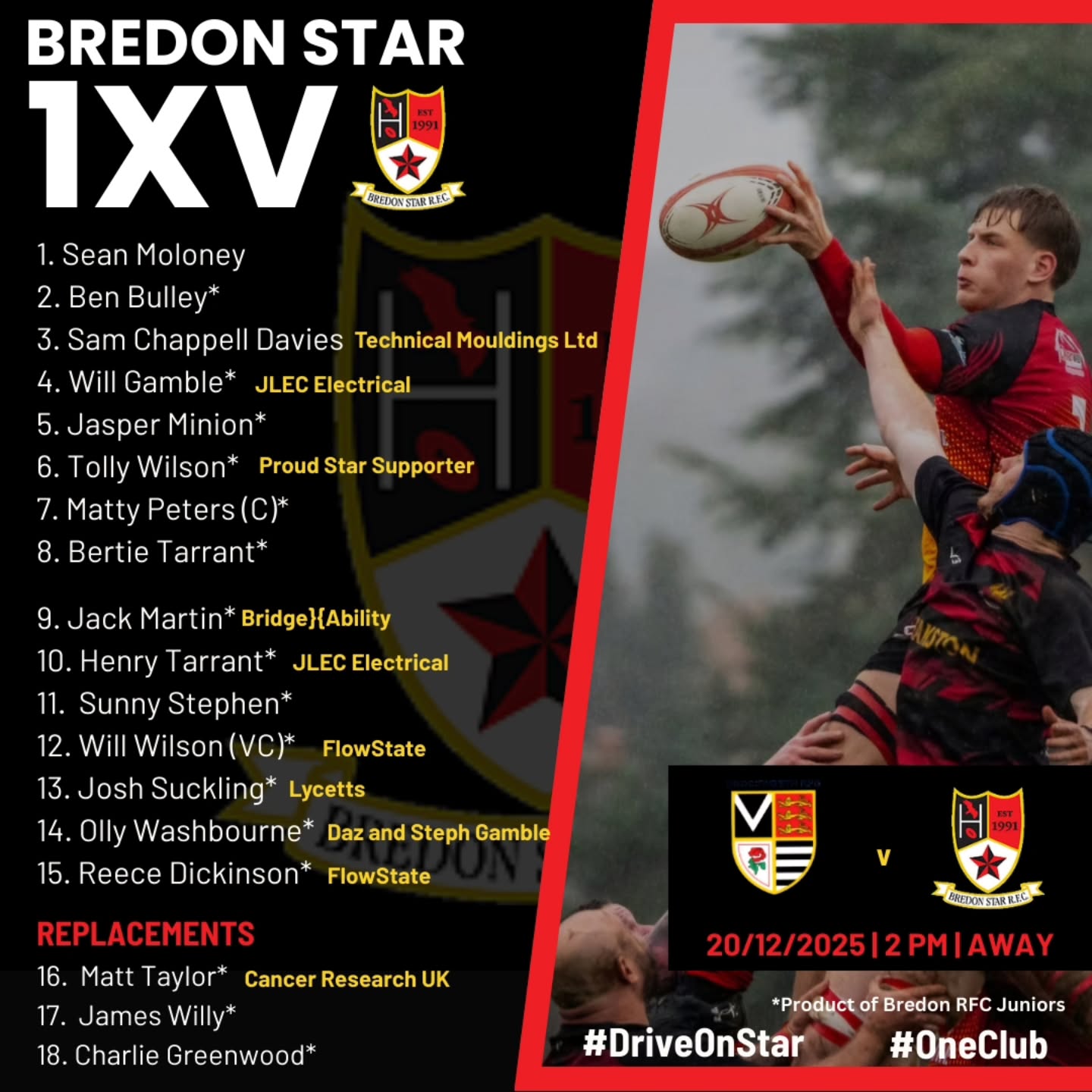 📣 1XV TEAM ANNOUNCEMENT 📣
Final game of the 2025
Brockworth vs Bredon Star
📅 Saturday 20th December
⏰️ 14:00
📍Brockworth RFC
#DriveOnStar #SweetBredonStar
