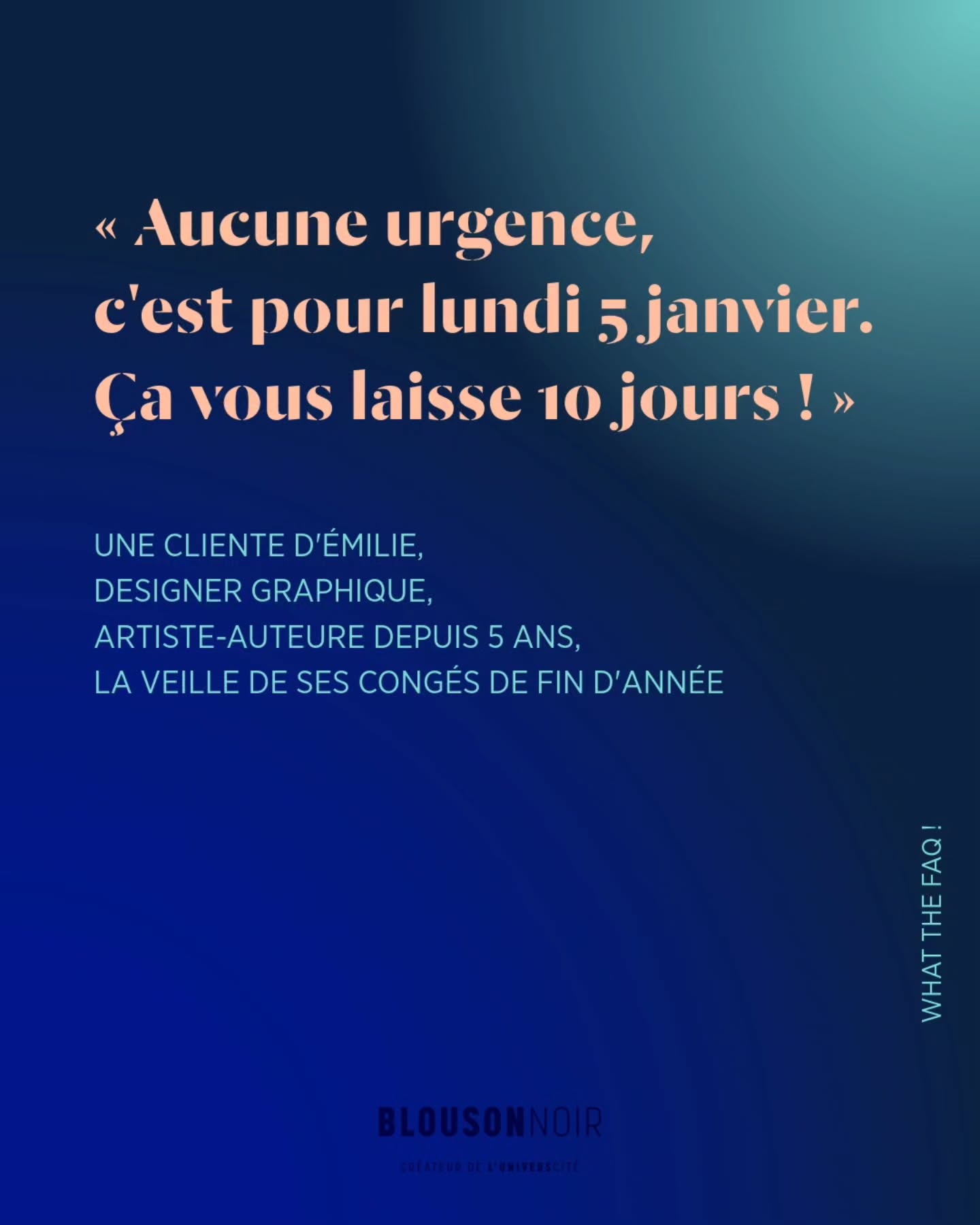 Dans #WhatTheFAQ, je partage des conseils actionnables pour répondre aux questions/remarques surprenantes de vos clients/es, prestataires, proches…
😑 Ces demandes sont parfois intentionnelles, plus ou moins habilement énoncées par votre interlocuteur/trice, pour vous emmener là où il/elle le souhaite.
😅 Mais majoritairement, elles sont lancées tel un automatisme :
• sans y avoir réfléchi,
• sans penser aux conséquences pour vous,
• sans que votre interlocuteur/trice ne se demande si cette exigence serait acceptable pour lui/elle-même,
• et bien souvent, en affirmant des idées reçues « C’est normal ! », « C’est la manière de procéder depuis des années ! », « Les autres freelances acceptent, pourquoi pas vous ? »…
🚨 Ce n’est pas parce que ces comportements sont répandus qu’ils sont pour autant acceptables. 🚨
Je pointe ces habitudes pour nous questionner chacun/e (tant dans le rôle du prestataire que dans celui du/de la client/e) sur les pratiques abusives, les remarques désagréables, les avis non sollicités, que nous entendons régulièrement. 😱
Je pointe ces usages en toute bienveillance. Soyons honnêtes, cela peut arriver à tout le monde de :
• formuler maladroitement une demande 😅
• répondre favorablement à une mauvaise pratique car nous ne savons pas comment refuser (ou que nous ne l’avons pas identifiée comme telle sur le moment).
Retrouvez des conseils directs dans ce carrousel pour vous aider à :
👀 Prendre conscience que ce n’est pas normal,
🤯 Ne plus être déstabilisé/e ou affecté/e,
😉 Savoir comment répondre !
💬 Comment répondez-vous ?
Vos conseils peuvent être utiles à d’autres entrepreneurs/es créatifs/ves. 🙏
#RelationClient #RespectCreation #EntrepreneuriatCreatif #FormationEntrepreneuriatArtistique