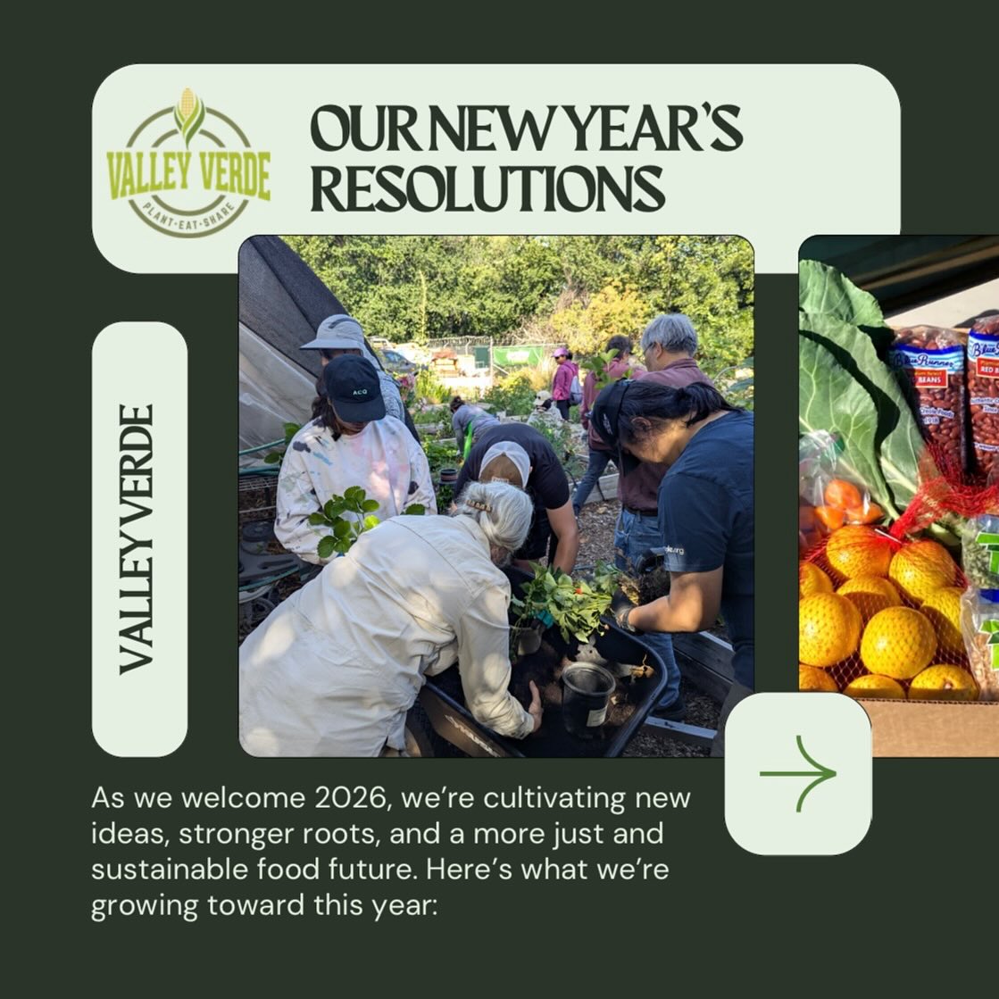 New year, new growth. 🌱
As we welcome the year ahead, we’re excited to keep growing healthy food, strong communities, and a more just food system—together. Thank you for being part of our journey.
#NewYearNewGrowth #ValleyVerde #CommunityGardens #FoodJustice #GrowTogether #UrbanFarming #SustainableCommunities