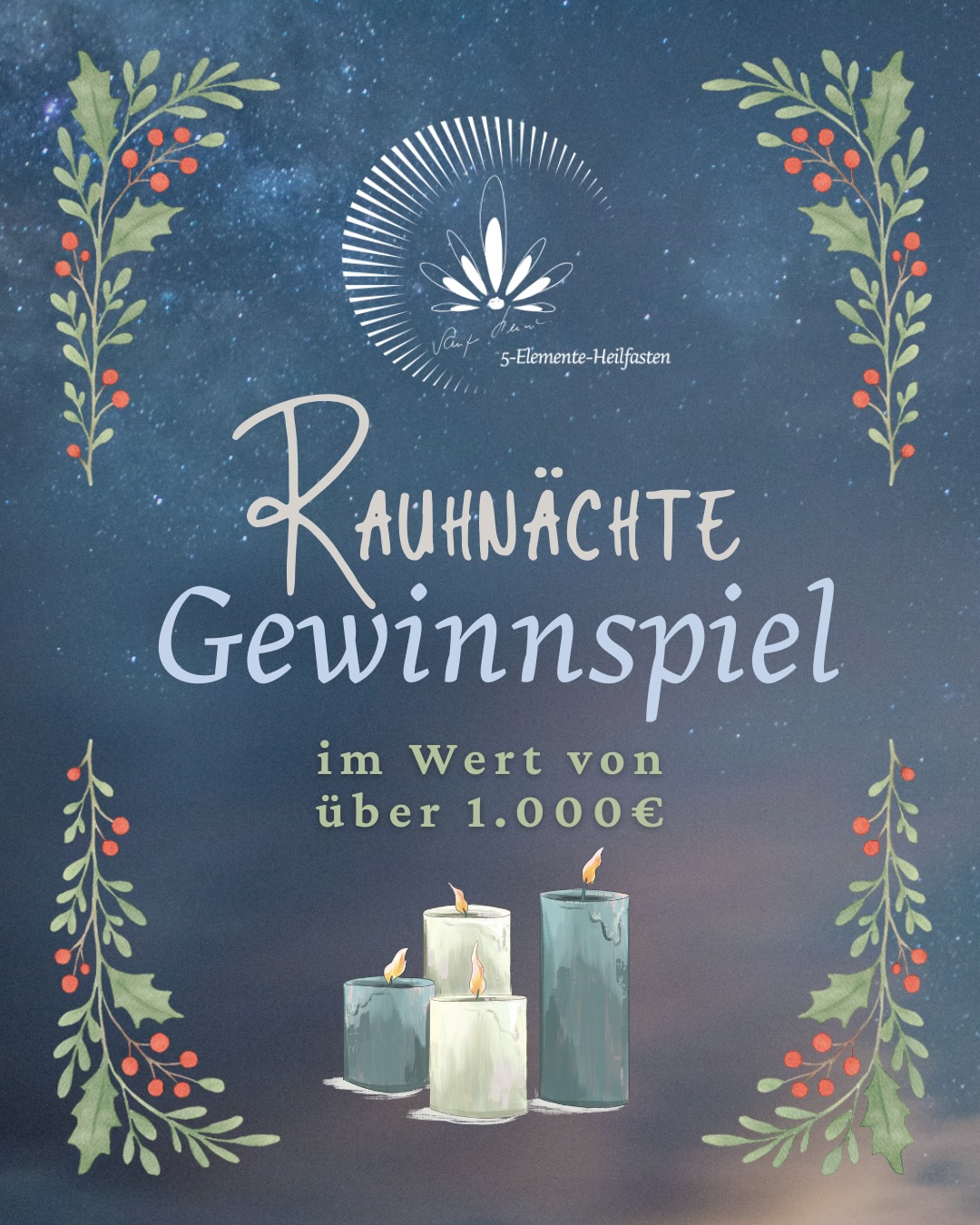 ✨ Rauhnächte-Gewinnspiel – bewusst ins neue Jahr starten ✨
Vom 25. Dezember bis 6. Januar begleiten uns die Rauhnächte – zwölf besondere Nächte zwischen Weihnachten und dem Dreikönigstag.
Eine Zeit, um Altes loszulassen, Klarheit zu gewinnen und das neue Jahr bewusst vorzubereiten.
Ganz so, wie es auch beim 5-Elemente-Heilfasten geschieht: Geist klären, Körper entlasten, Raum für Neues schaffen.
✨ Wir verlosen:
🥇 1. Platz: 1 Platz beim 5-Elemente-Heilfasten
🥈 2. Platz: Buch „5-Elemente-Heilfasten“
🥉 3. Platz: 5-Elemente-Heilfasten-Kalender
✨ So nimmst du teil:
1️⃣ Folge unserer Seite
2️⃣ Like diesen Beitrag
3️⃣ Markiere eine Freundin oder einen Freund, der ebenfalls bewusst ins neue Jahr starten sollte.
📅 Teilnahmeschluss: 6. Januar um 23:59 Uhr
🎁 Die Gewinner:innen werden per Zufallsprinzip ausgelost und per Direktnachricht informiert.
Teilnahmebedingungen:
• Die Teilnahme ist kostenlos.
• Teilnahmeberechtigt sind natürliche Personen ab 18 Jahren mit Wohnsitz in Deutschland, Österreich oder der Schweiz.
• Das Gewinnspiel läuft vom 25.12.2025 bis 06.01.2026.
• Die Gewinner:innen werden per Zufallsprinzip ermittelt und per Direktnachricht auf Instagram benachrichtigt.
• Mit der Teilnahme erklären sich die Gewinner:innen damit einverstanden, auf @5_elemente_heilfasten namentlich/profilseitig erwähnt zu werden.
• Dieses Gewinnspiel steht in keiner Verbindung zu Instagram oder Facebook und wird nicht von diesen gesponsert, unterstützt oder organisiert.
• Der Rechtsweg ist ausgeschlossen.
• Keine Barauszahlung oder Umtausch des Gewinns möglich.
#Gewinnspiel #Rauhnächte #RauhnachtGewinnspiel #FastenRetreat #FastenUrlaub