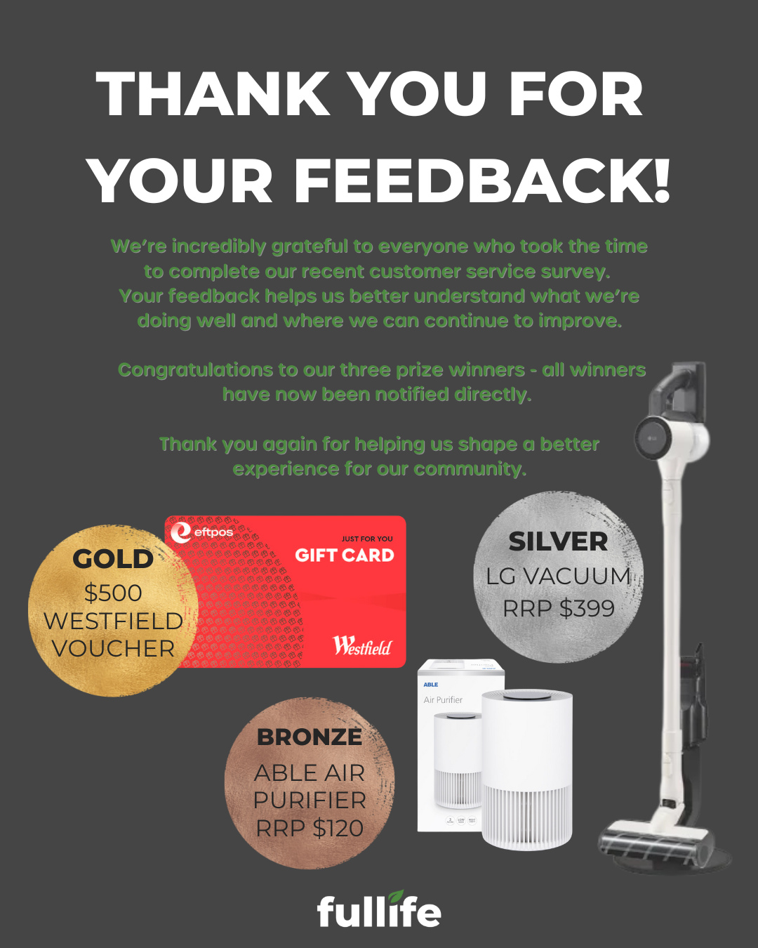 We’re incredibly grateful to everyone who took the time to complete our recent customer service survey.
Your feedback helps us better understand what we’re doing well and where we can continue to improve.
Congratulations to our three prize winners - all winners have now been notified directly.
Thank you again for helping us shape a better experience for our community!