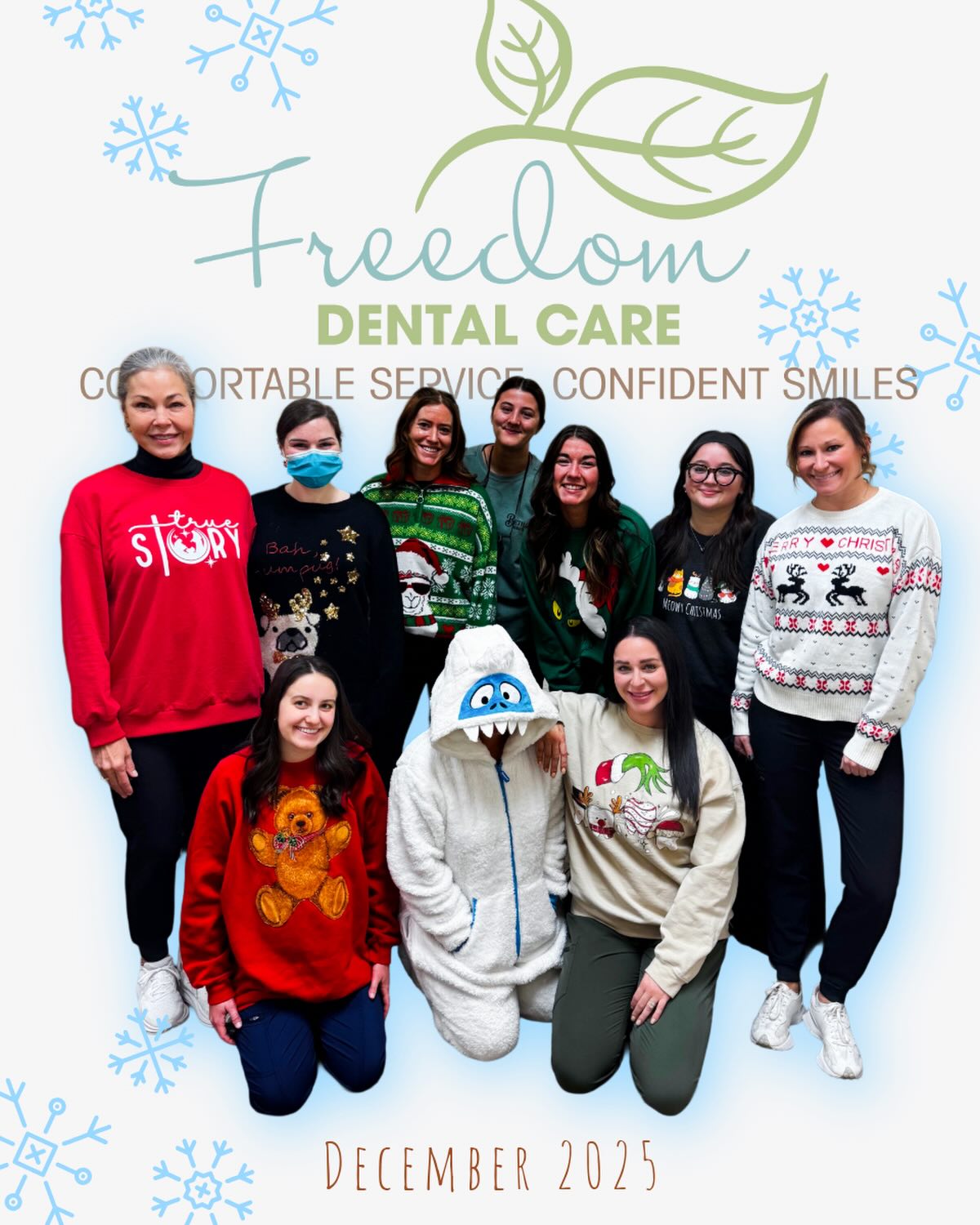 ✨ Comfortable Service, Confident Smiles – with a dash of holiday cheer! 🎄
Our Freedom Dental Care family knows how to keep things merry and bright while caring for your smile. From cozy sweaters to confident grins, we’re ready to make your season sparkle!
🦷 Happy Holidays from your favorite dental team!
#FreedomDentalCare #ConfidentSmiles #HolidayVibes #DentalDreamTeam #SeasonOfSmiles