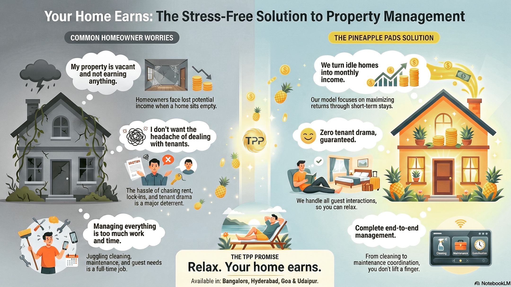 We know how stressful it can be to trust someone with your home. The calls, the cleaning, the uncertainty—it adds up.
Our role is simple: to take that burden off your plate.
With professional care and transparent earnings, we help you move from worry to confidence.
You’re not alone, we’re here to help.🥰
(The Pineapple Pads, Airbnb, India, Short Term Rentals, Revenue, Profits, STR)