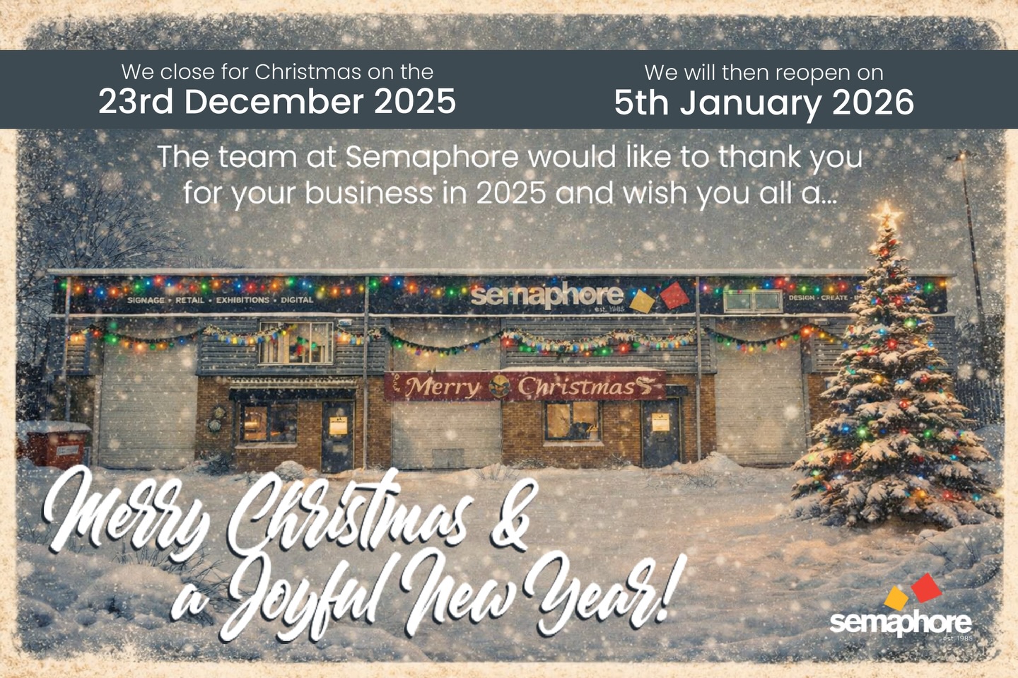 As the year draws to a close, we’d like to wish all of our clients, our team and friends a very Merry Christmas and a Happy New Year.
Thank you for your continued support throughout the year - we’re excited for what’s ahead in 2026.
From all of us at Semaphore, enjoy a well-earned break and a wonderful festive season. #2025 #xmas #diolch #wearesemaphore