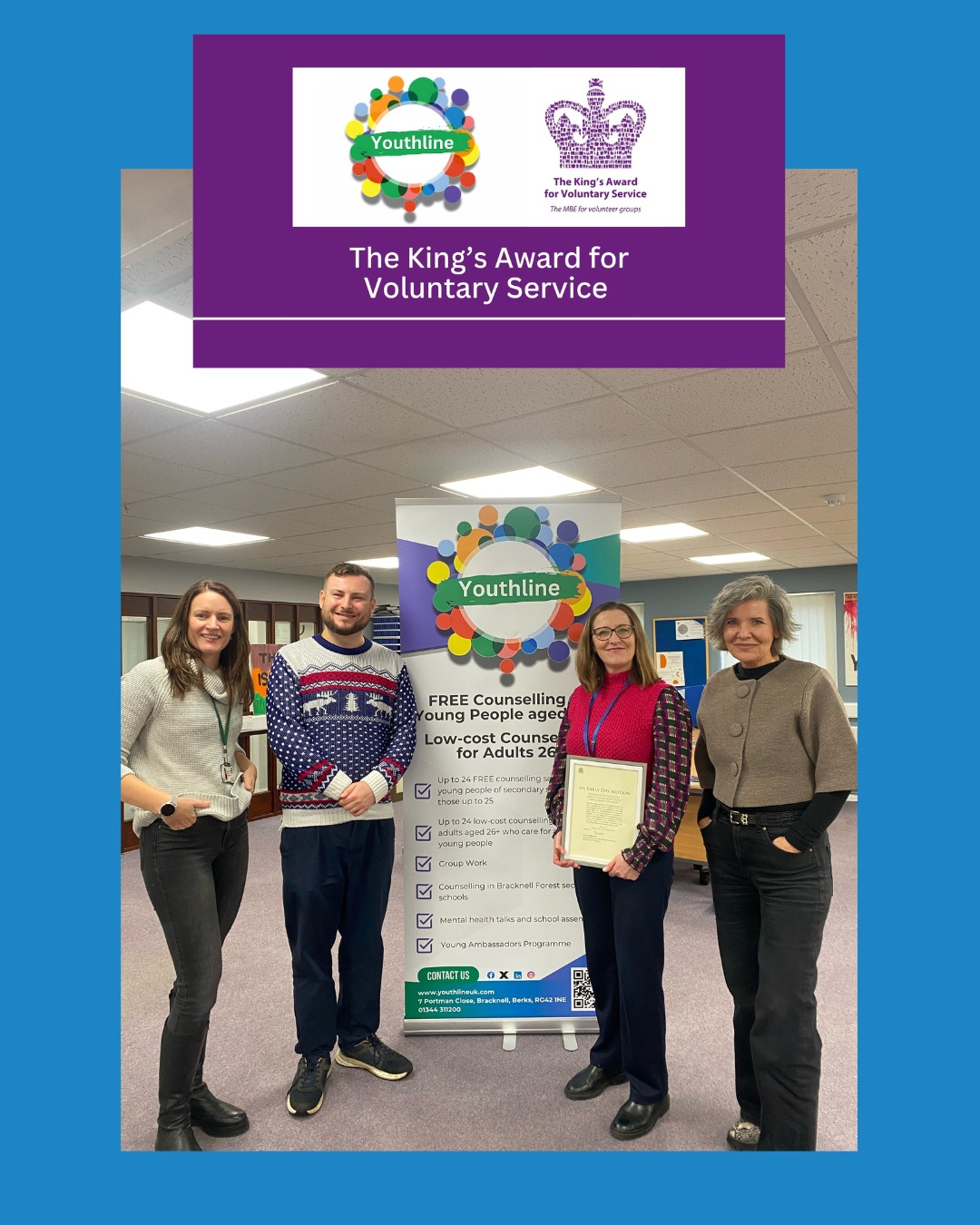 📜✨ A special visit to Youthline ✨📜
We were honoured to welcome Peter Swallow, Member of Parliament for Bracknell, Crowthorne, Sandhurst and Whitegrove, to Youthline, where he presented us with a certificate recognising an Early Day Motion laid in Parliament in celebration of Youthline’s work.
The motion congratulates Youthline on receiving The King’s Award for Voluntary Service and recognises the incredible impact Youthline has had across Bracknell Forest, particularly in supporting young people facing mental health challenges. It also highlights the vital role of the voluntary sector in providing counselling and mental health support for young people in need.
We are incredibly grateful for this recognition and for the continued support of those who champion the mental health and wellbeing of young people in our community.
Thank you to everyone — past and present — who makes Youthline what it is 💜
#Youthline #KingsAward #EarlyDayMotion #MentalHealthSupport #SupportingYoungPeople #BracknellForest #VoluntarySector