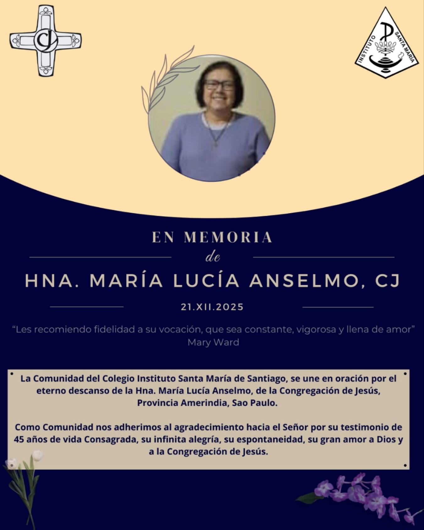 En Memoria de Hna. María Lucía Anselmo, CJ de la Provincia Amerindia, Sao Paulo
Nos unimos en oración por su eterno descanso y agradecemos su amor y servicio a la Congregación de Jesús
@reddecolegioscjch @red.educacion.maryward @cgpa_ism_santiago @ceisma.ism