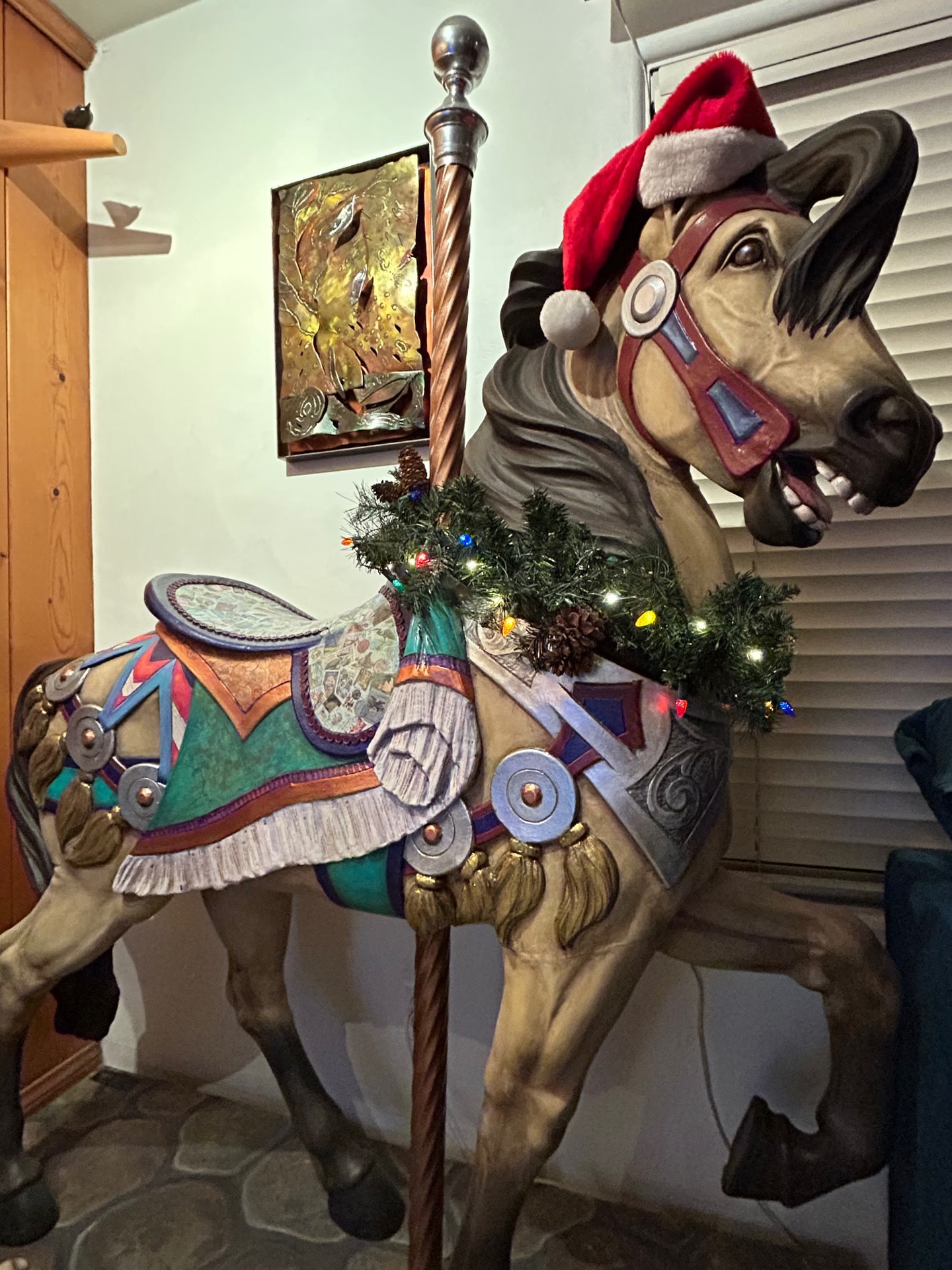 It’s feeling festive around here with my carousel horse, JoJo. He is the horse of good Fortune. And he is feeling all the joy of the holiday season. Wishing you and yours, all the sweetness of the season and none of the sadness that can accompany it. Peace on earth. #ArtAndEnvironments #CarouselHorseForSale #JoJoTheHorseOfGoodFortune #MixedMediaArt #CarouselHorse #FortuneCookies #HappyHolidays.