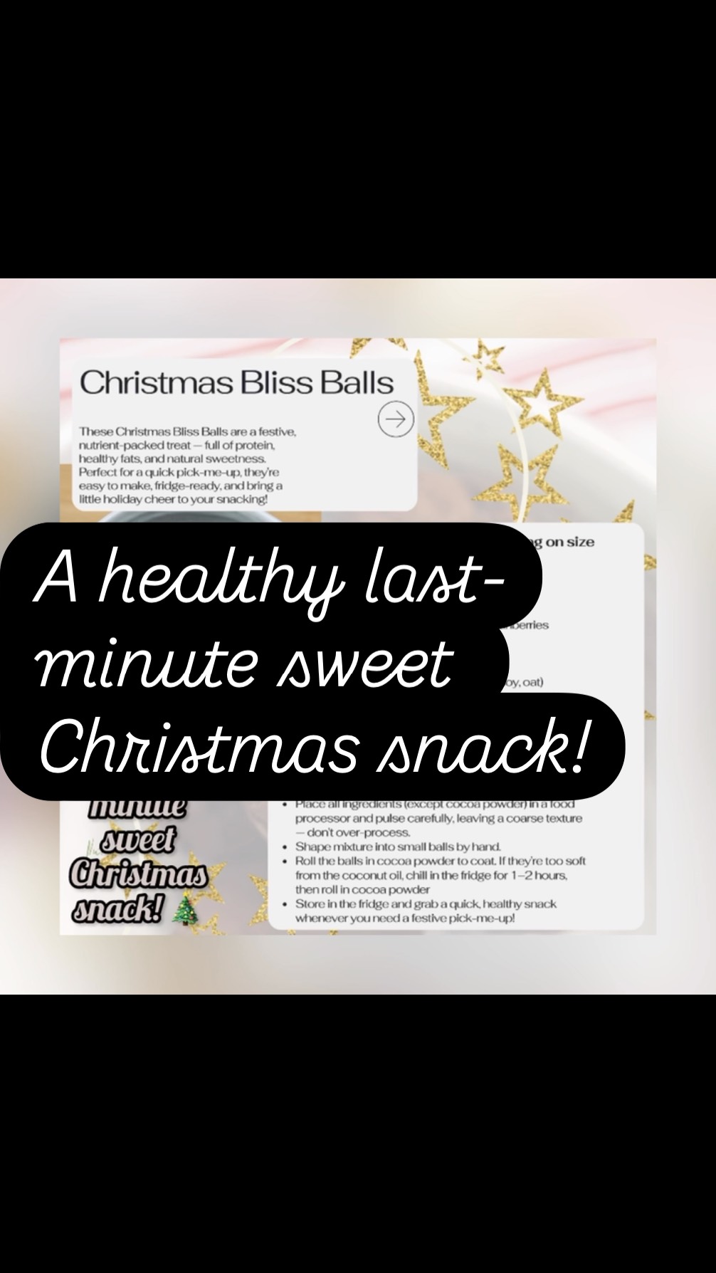 Snack smart this season! 🎅✨ Christmas Bliss Balls are ready in the fridge whenever you need a quick, healthy pick-me-up!
Christmas Bliss Balls 🎄✨
Ingredients (makes 10–16, depending on size):
* 50g cashew nuts
* 30g linseeds
* 50g walnuts
* 100g raisins
* 100g dried apricots
* 100g peanut butter
* 50g rolled oats
* 50g coconut oil
* 50ml milk of choice (e.g., soy, oat)
* 1 tsp honey
* Pinch of salt
* 1–2 tsp Lebkuchen (gingerbread) spice or 1 tsp cinnamon for a milder flavour
* Good quality cocoa powder for coating
*
Instructions:
1. Place all ingredients (except cocoa powder) in a food processor and pulse carefully, leaving a coarse texture — don’t over-process.
2. Shape mixture into small balls by hand.
3. Roll the balls in cocoa powder to coat. If they’re too soft from the coconut oil, chill in the fridge for 1–2 hours, then roll in cocoa powder
4. Store in the fridge and grab a quick, healthy snack whenever you need a festive pick-me-up!
* These bliss balls are protein-rich thanks to nuts, seeds, peanut butter, and oats.
* They also provide healthy fats, fibre, and natural sweetness from dried fruit, making them an energising, nutrient-packed snack.
#ChristmasBlissBalls #HealthyChristmasSnacks #ProteinSnack #FestiveTreats #HealthyEating NutritiousSnacks PlantBasedProtein HolidayEnergy CleanEating ChristmasVibes SnackSmart
GoldCoastNutrition NutritionistGoldCoast HealthyEatingGC WellnessGoldCoast NutritionSupport EatWellLiveWell HolisticNutrition PersonalisedNutrition GoldCoastWellness HealthyLifestyleGC NutritionMadeSimple RealLifeNutrition FuelYourBody NutritionForLife GCHealth