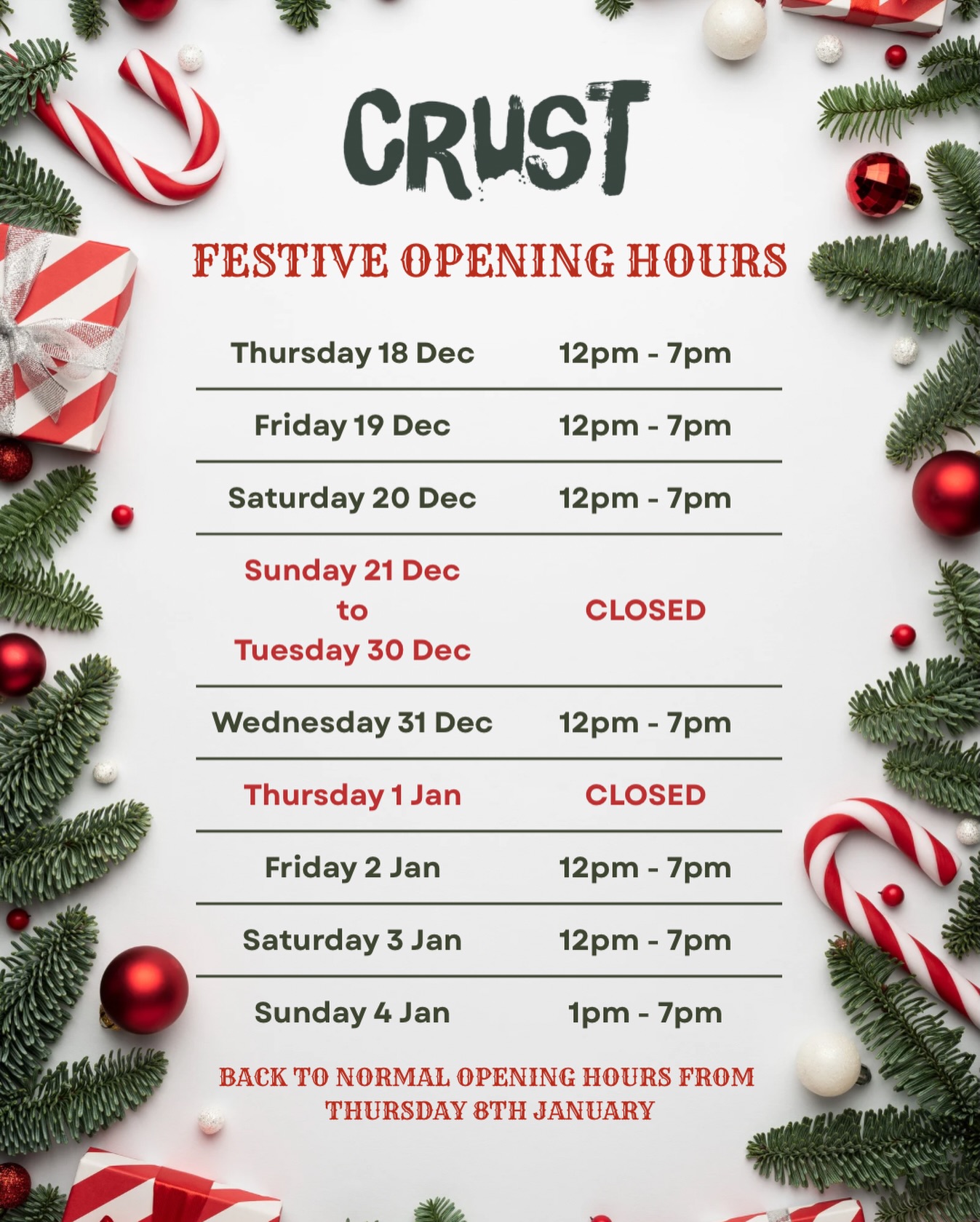 ✨🎅🏻🎄🍕This week is your last chance for pizza before we close for a Xmas break! 🍕🎄🎅🏻✨
We’re mixing up opening times a little bit over the new year too…
We’ll be open on NYE and to make up for closing on 1st Jan, we’re firing up the ovens for a special one off Sunday on 4th Jan! 🍕🍕
Merry Christmas from the team at Crust x
#crustlikethat #merrychristmas #neapolitanpizza #stornoway #jinglebells
