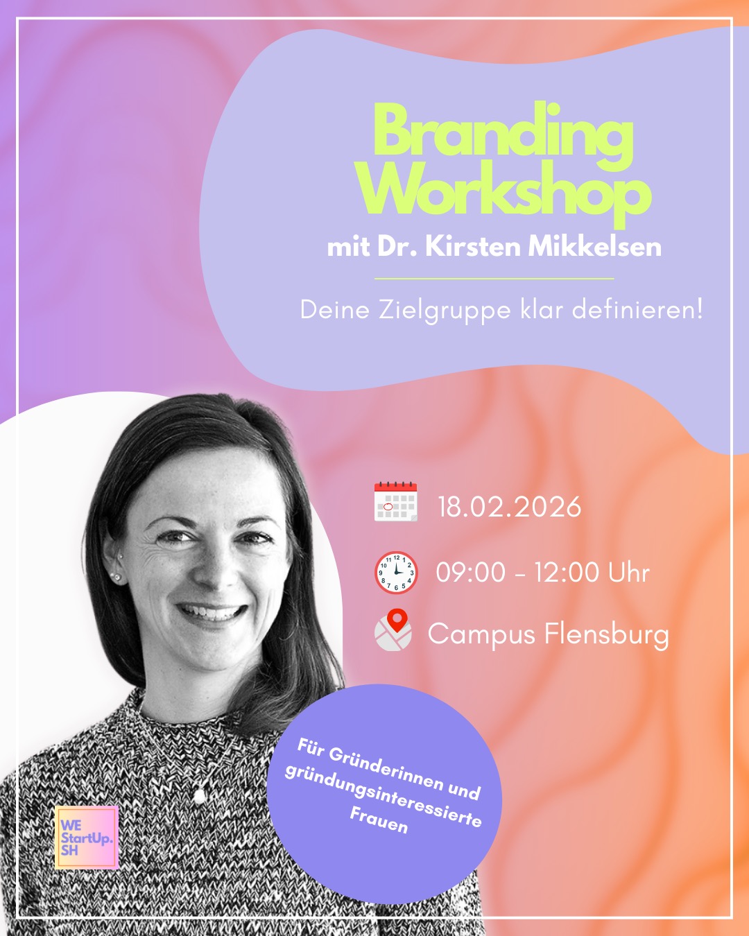 ✨ Marketing-Workshop für Gründerinnen und gründungsinteressierte Frauen ✨
📅 18.02.2026
🕘 09:00 - 12:00 Uhr
📍Campus Flensburg (TAL 007)
Du hast eine Idee oder ein Angebot und fragst dich, wer deine Zielgruppe wirklich ist und wie du dich klar positionierst? 😊
In diesem Workshop entwickeln wir gemeinsam deine individuelle Marketing-Strategie – praxisnah, reflektiert und auf dich zugeschnitten.
👤Zu Kirsten: Neben ihrer Rolle als Ansprechpartnerin für Gründungsvorhaben ist @doc__k_ als Director Entrepreneurship & Education am Jackstädt-Zentrum der @uni.flensburg tätig und wirkt außerdem als Jurymitglied bei verschiedenen Start-up-Wettbewerben mit. Bevor sie 2009 in die Wissenschaft zurückkehrte, sammelte sie selbst unternehmerische Erfahrungen und arbeitete in Dänemark in den Bereichen Human Resources sowie Unternehmenskommunikation. Durch ihre eigene Gründungspraxis kann sie Gründungsinteressierte sowohl empathisch als auch zielorientiert begleiten – eine Kombination, die von vielen sehr geschätzt wird.
👩💼 Für gründungsinteressierte Frauen
👥 Teilnehmerinnenanzahl auf 10 Frauen begrenzt
⏳ First come, first serve!
👉 Melde dich jetzt an und sichere dir deinen Platz! (Ticket unter dem Link in unserer Bio 🎟️)
Wir freuen uns auf dich! 😊👋🏼
_____________________
@uni.flensburg @hochschuleflensburg @startupsh_now @dock1_fl @realisieredeineidee @campuscareer_flensburg #startup #workshop #entrepreneurship #frauenindergründung