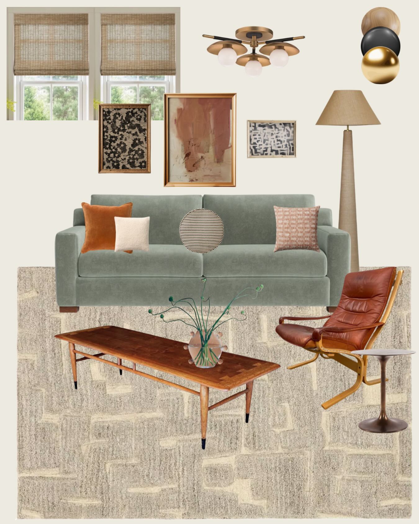 Loving where this basement living room design is headed!
The cool color of the seafoam velvet sofa sets the tone, so I layered in warm colors, soft textures, and modern accents to balance it out and make the space feel cozy and intentional- not at all like a basement.
#shanalutherinteriors #hudsonvalleyinteriordesign #livingroomdesign #interiors