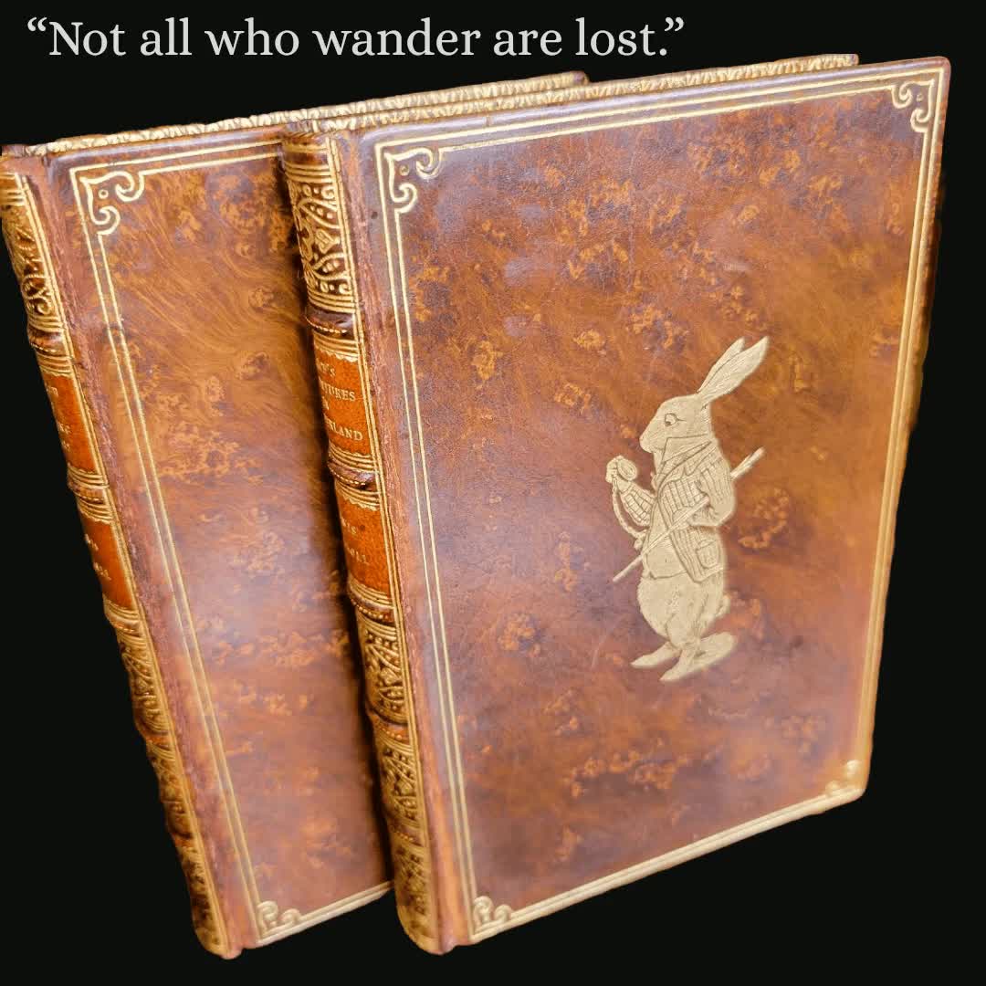 ✨ Alice in Wonderland — Riviere & Son Magic ✨
“The Rabbit and the Red Queen, immortalized in gilt on polished calf.”
A breathtaking two‑volume pairing of Alice’s Adventures in Wonderland and Through the Looking‑Glass, bound in sumptuous Riviere & Son polished calf. Carroll’s dreamscapes, Tenniel’s iconic illustrations, and one of the great English binders—all in one jewel‑box set.
📚 Macmillan, London, 1927 / 1928
📏 6 1/8 x 4 1/4 inches
🖼️ 92 Tenniel plates
✨ All edges gilt, marbled endpapers, gilt dentelles
The bindings steal the show: warm brown calf, gilt‑ruled, with The Rabbit and The Red Queen stamped in gold on each cover. Five‑hub spines, crisp gilt, and that unmistakable Riviere elegance.
Condition is superb—tight, clean, bright—just the lightest touches of age. A matched pair that feels as if it stepped straight out of a collector’s cabinet.
Why collectors love this set:
• Riviere & Son craftsmanship at its most charming
• Tenniel’s illustrations in crisp black‑and‑white
• A beautifully preserved, gift‑worthy showcase of Carroll’s enduring magic
A centerpiece for any Carroll collection—and a reminder that some stories deserve bindings as imaginative as the worlds within them.
.
.
.
.
#rarebooks #aliceinwonderland #lewiscarroll #johnntenniel #riviereandson #finebindings #bookcollector #antiquarianbooks #throughTheLookingGlass #bibliophile #bookstagram #rarebookdealer #barronrarebooks