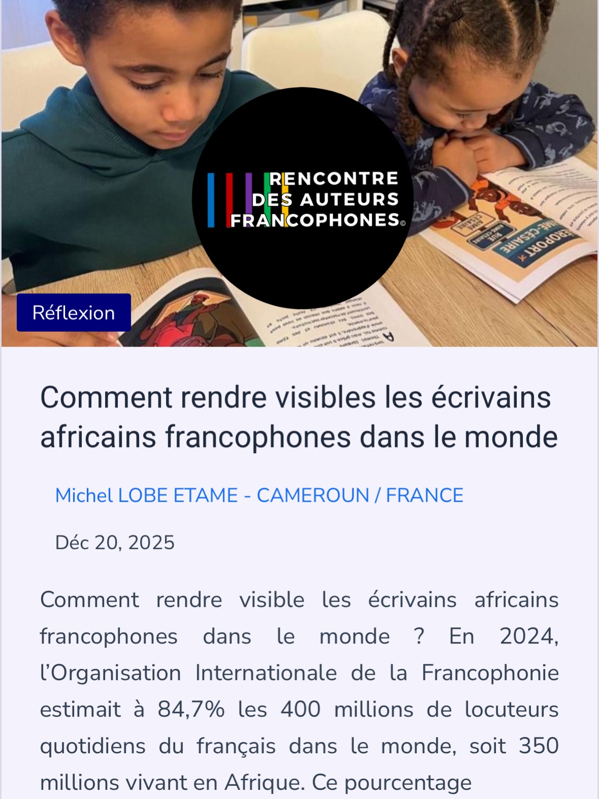 Les dernières publications de l’agora de la Place des Auteurs
Poèmes, réflexions, extraits, nouvelles…
Découvrez les derniers posts des auteurs de Rencontre des Auteurs Francophones sur l’Agora littéraire.
Auteurs du réseau, postez. C’est votre outil de visibilité dans le monde
https://auteursfrancophones.com/